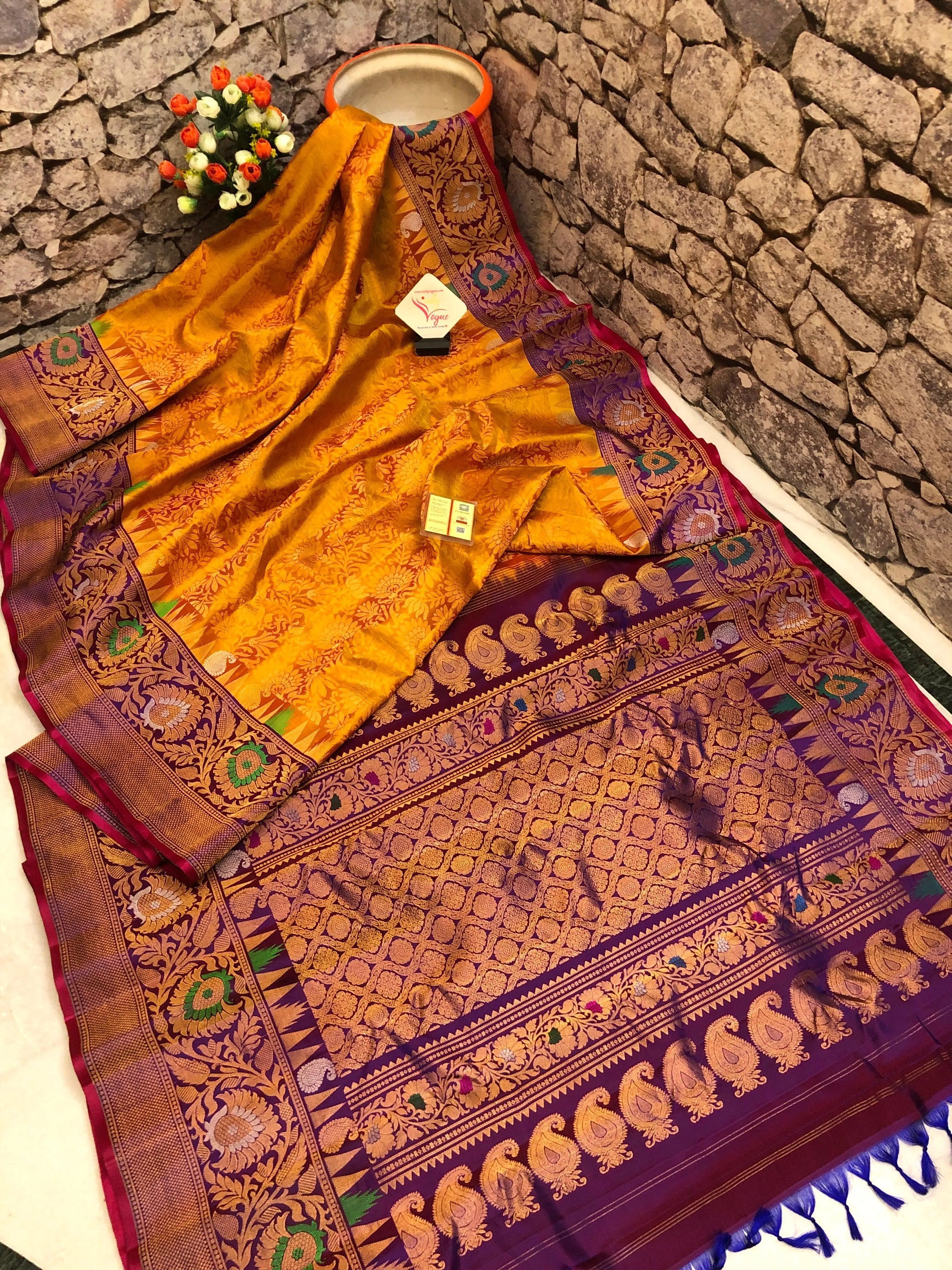 Dark Golden Honey Mustard Color Pure Brocade Gadwal Silk Saree with Meenakari Work