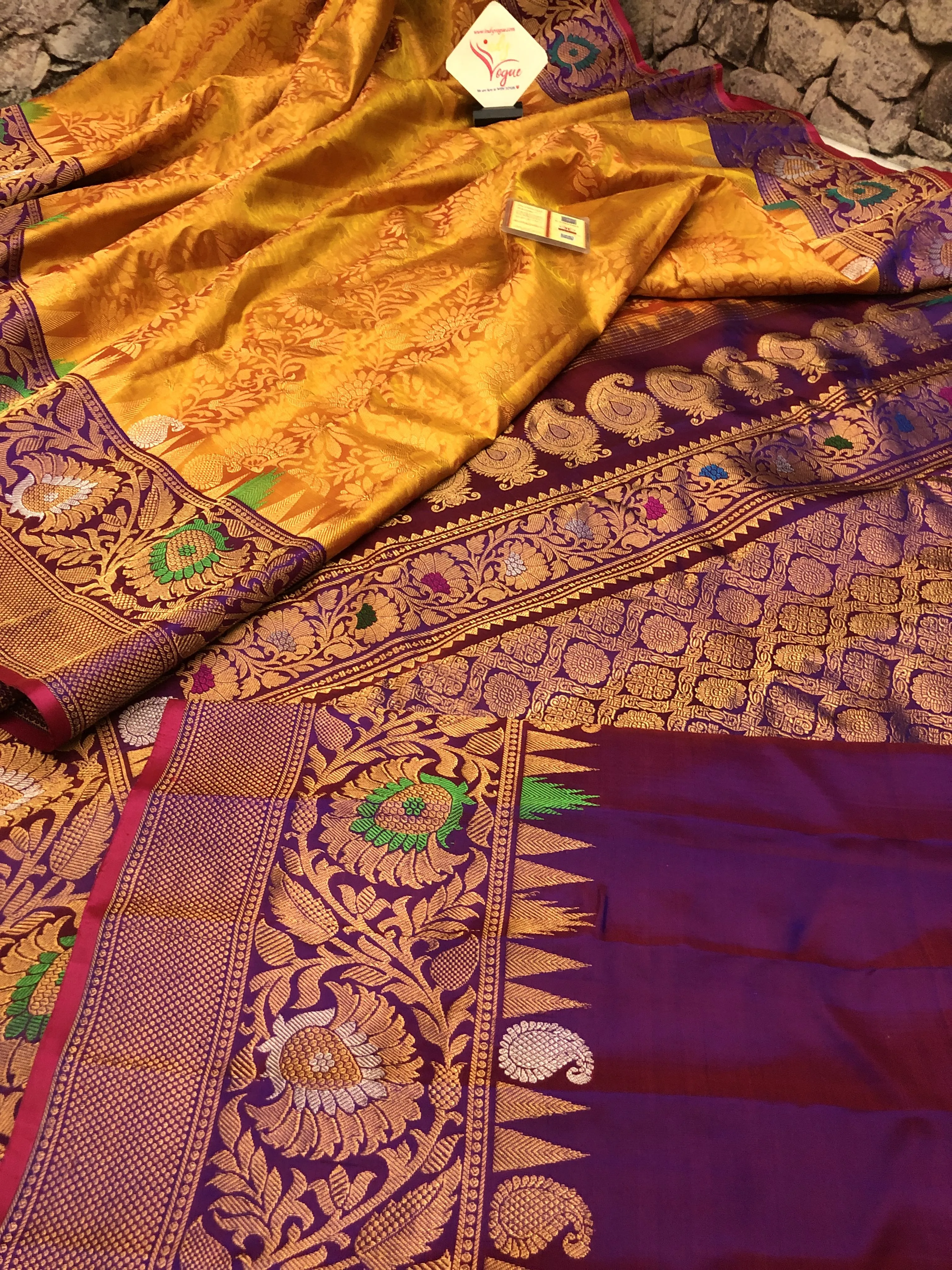 Dark Golden Honey Mustard Color Pure Brocade Gadwal Silk Saree with Meenakari Work