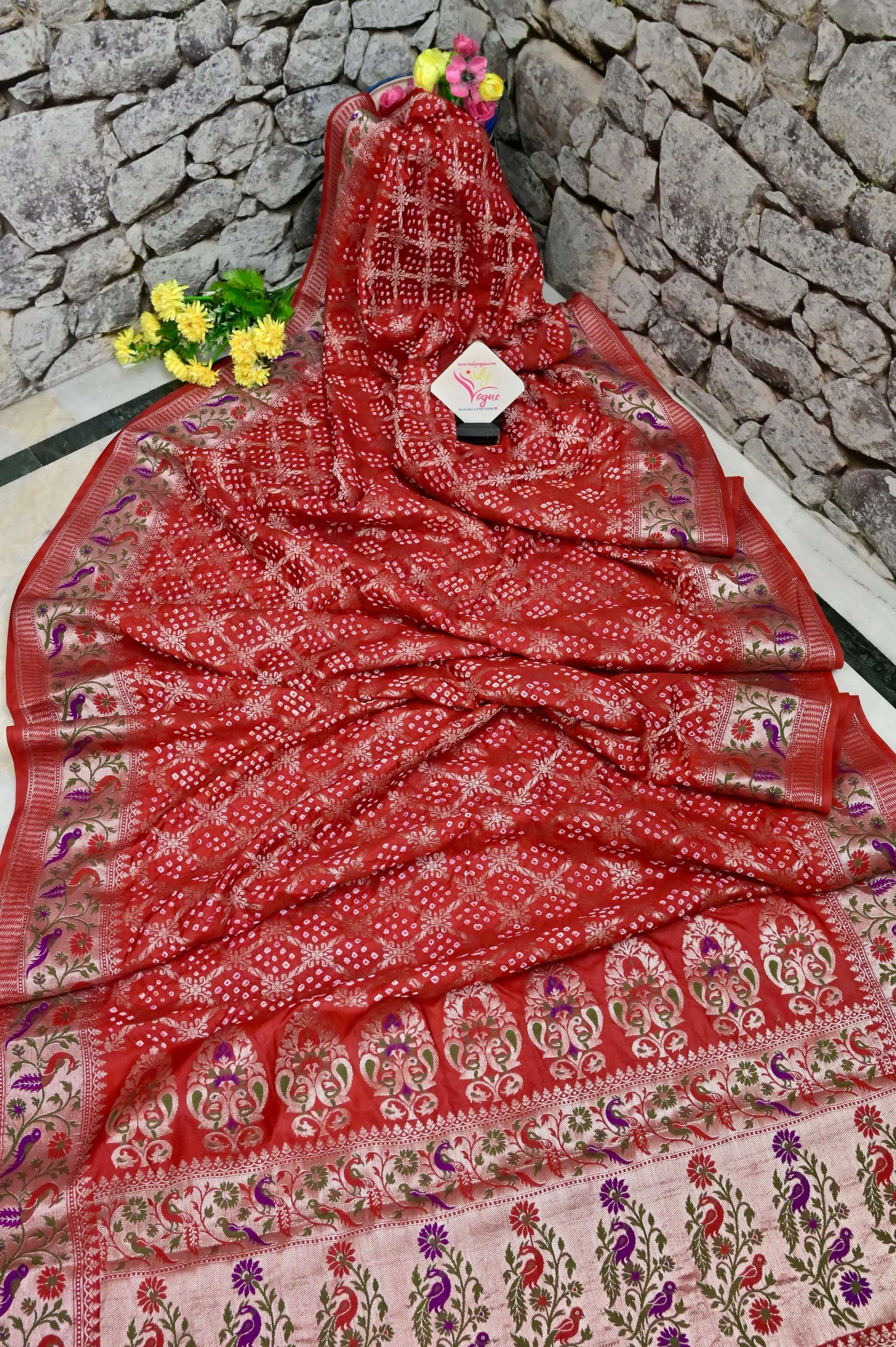 Dark Vermillion Red Color Dupion Silk Saree with Paithani Work and Hand Bandhani