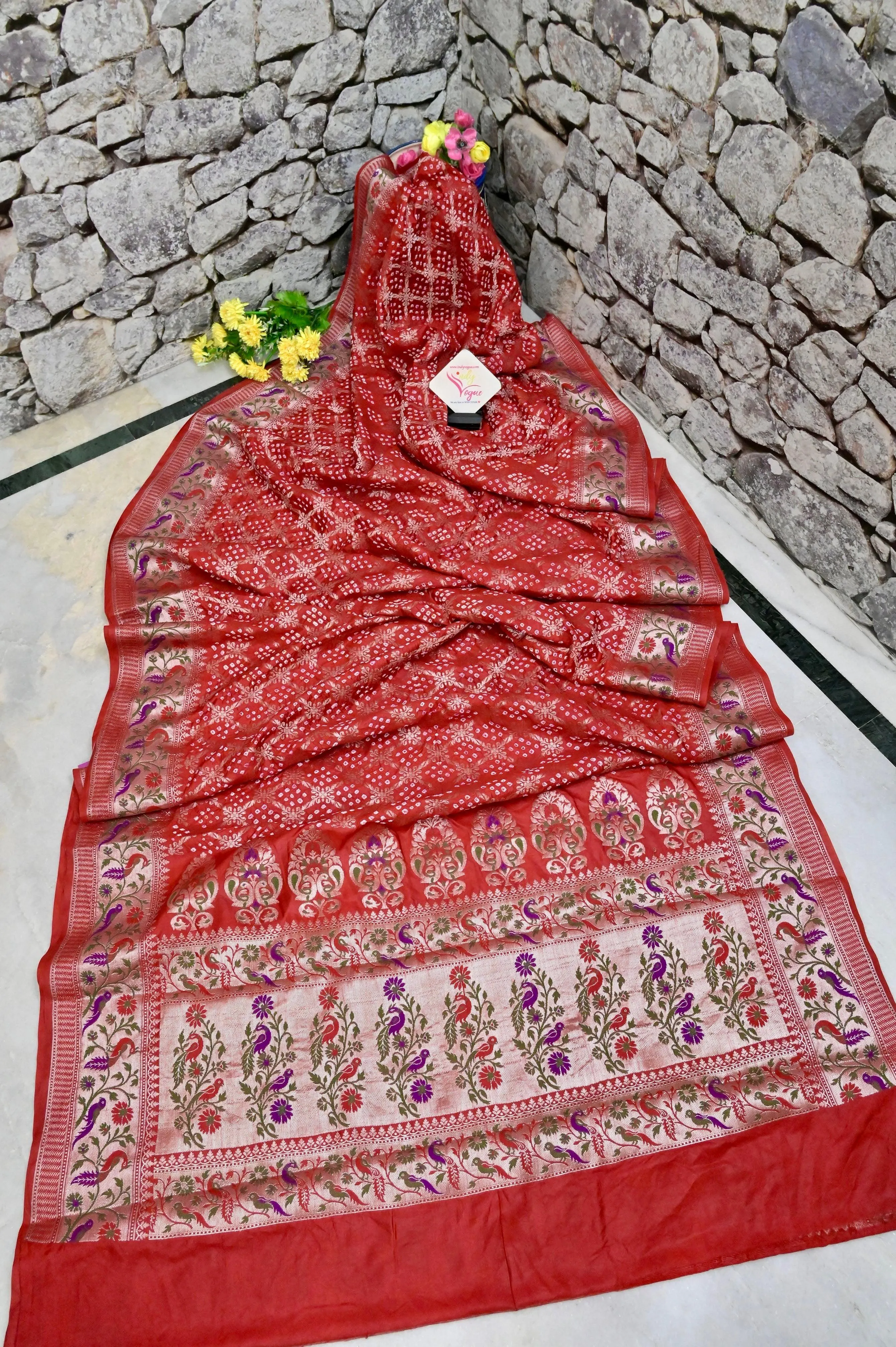 Dark Vermillion Red Color Dupion Silk Saree with Paithani Work and Hand Bandhani