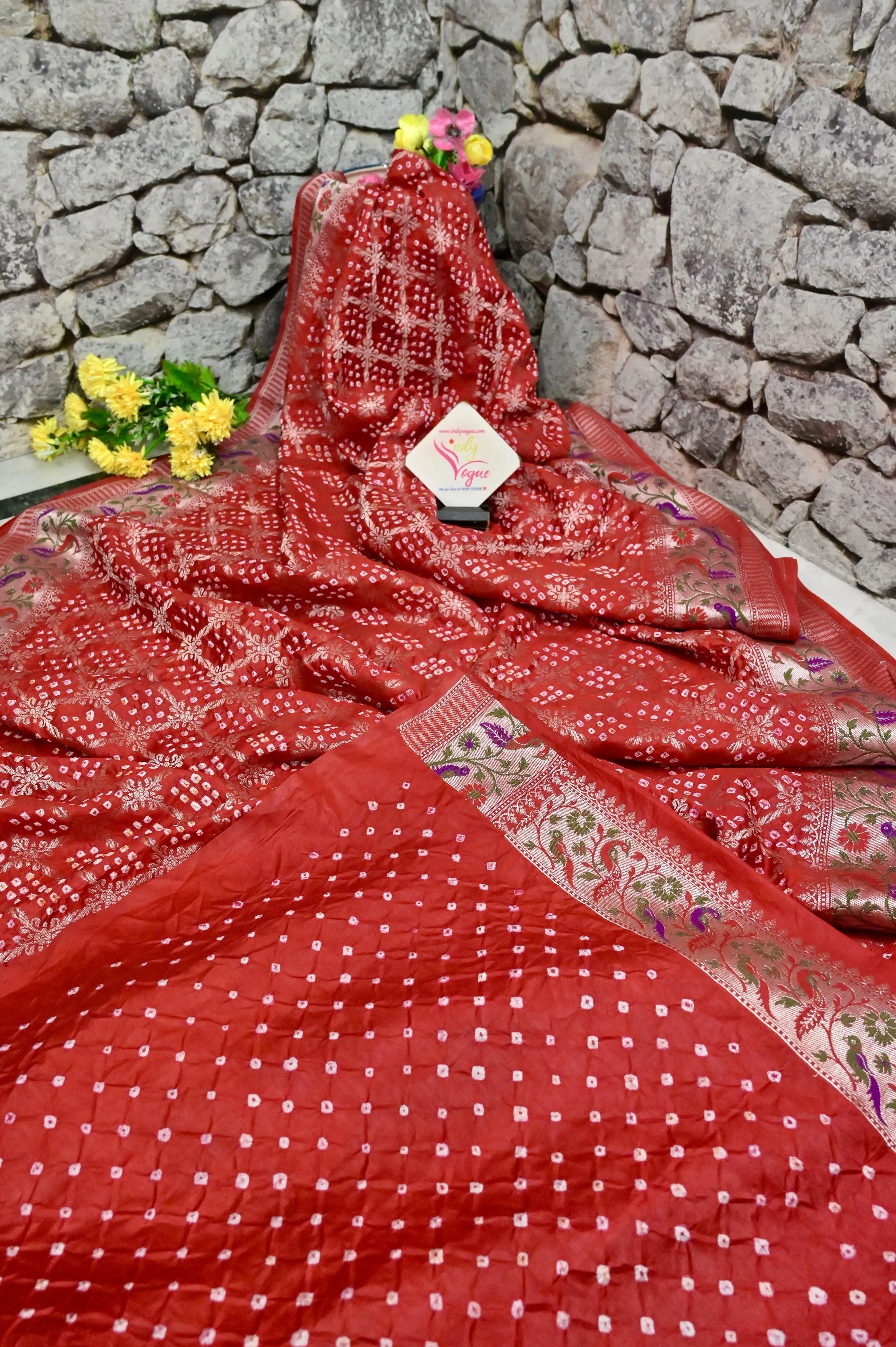 Dark Vermillion Red Color Dupion Silk Saree with Paithani Work and Hand Bandhani