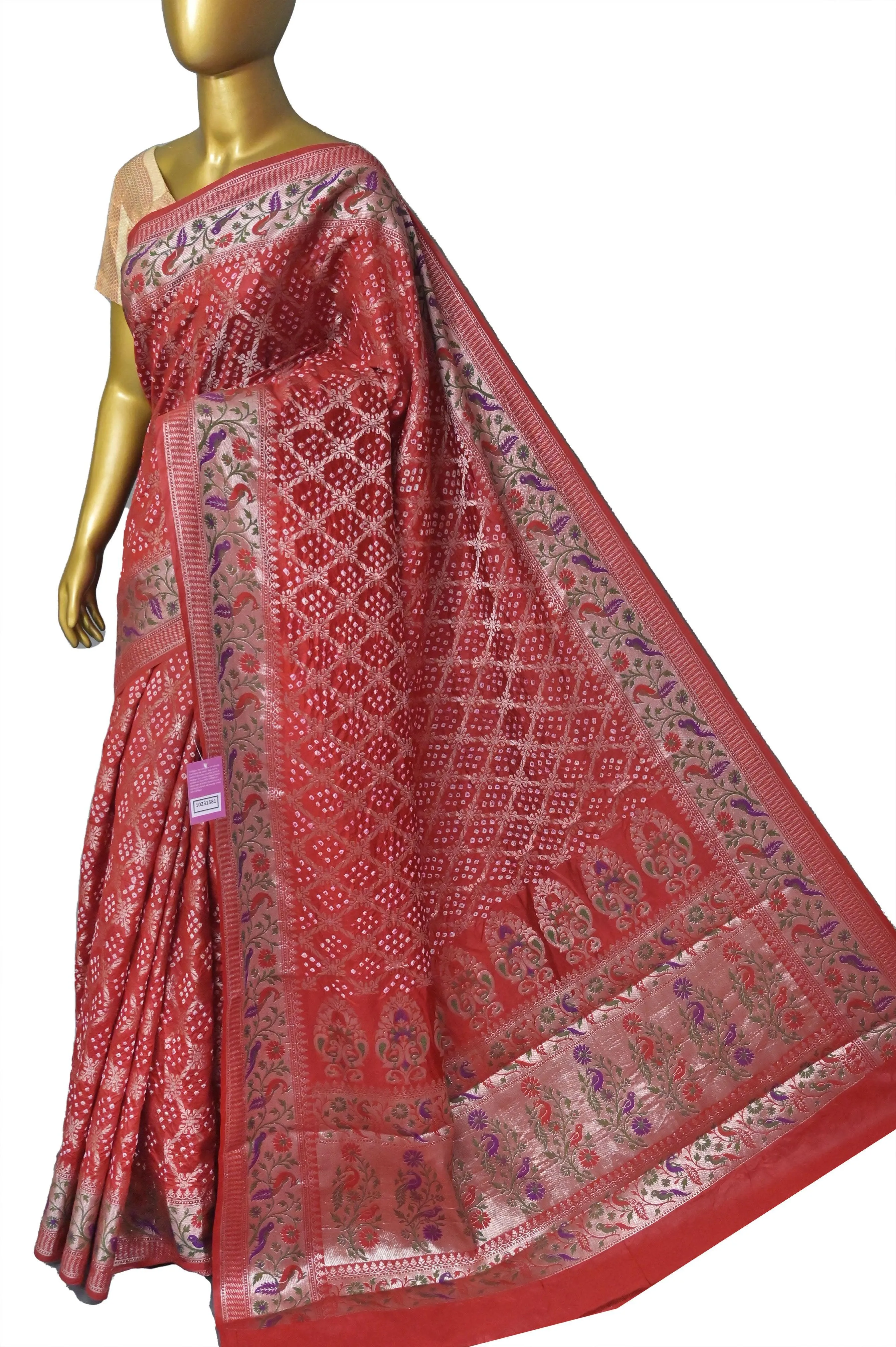 Dark Vermillion Red Color Dupion Silk Saree with Paithani Work and Hand Bandhani