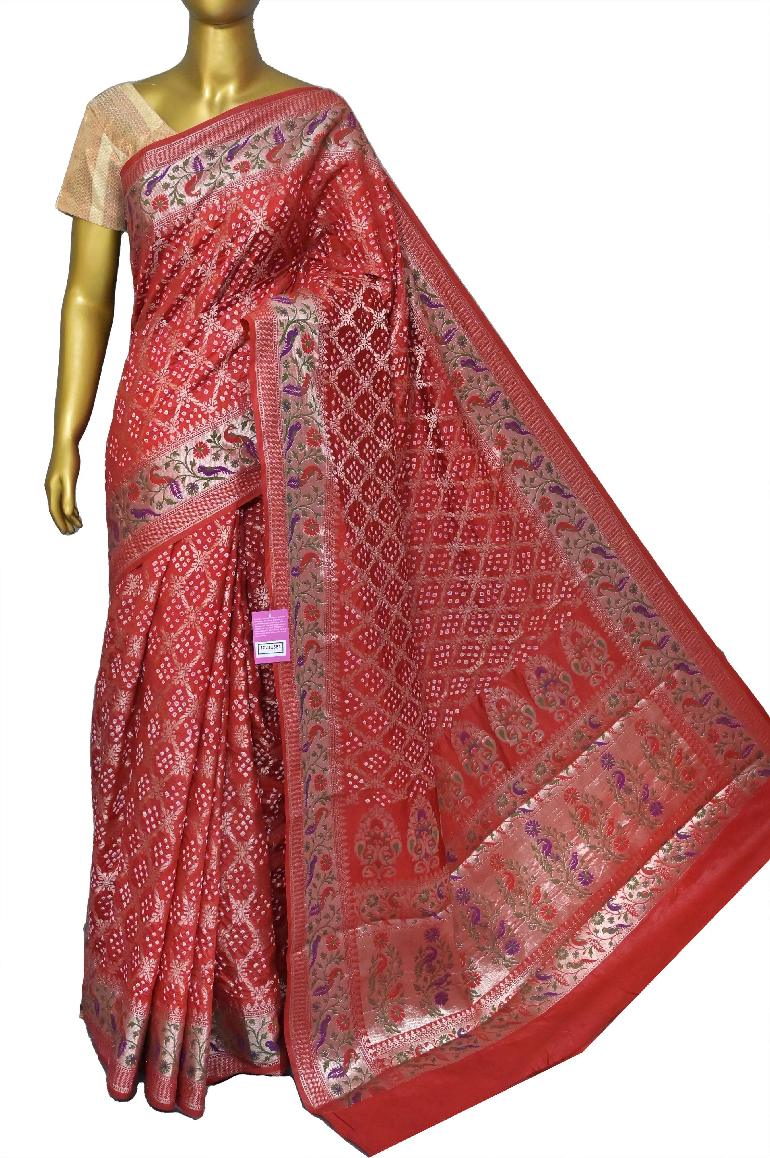 Dark Vermillion Red Color Dupion Silk Saree with Paithani Work and Hand Bandhani