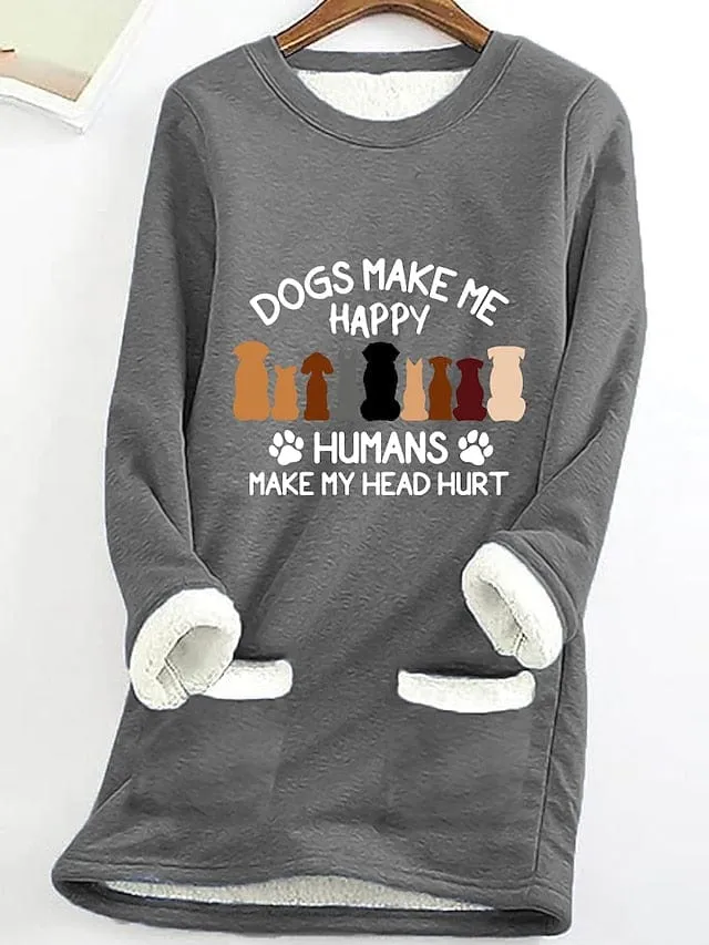 Dog Print Sherpa Fleece Lined Women's Hoodie Sweatshirt