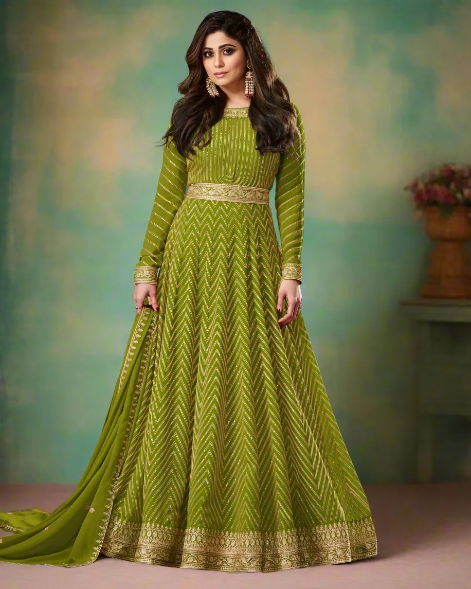 Georgette Sequince Embroidered Anarkali Gown Green