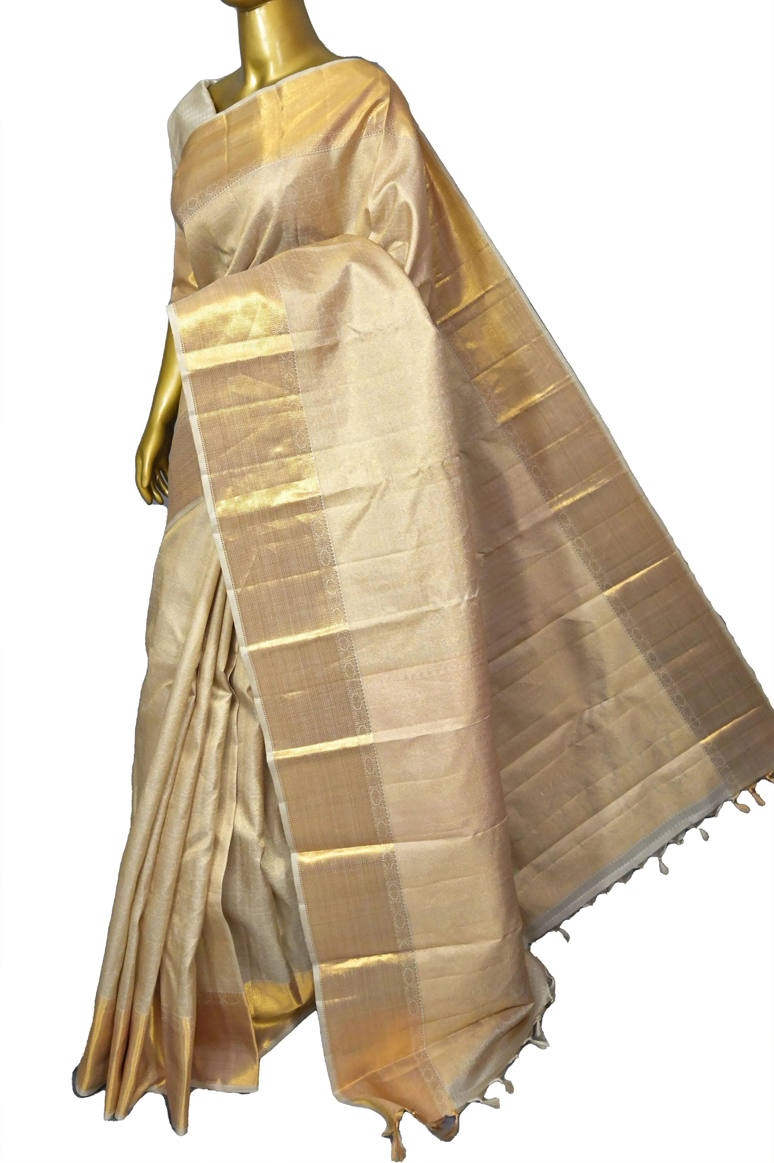 Golden Color Pure Kanjeevaram Silk Saree with Pure Gold Zari with Self-Weaving