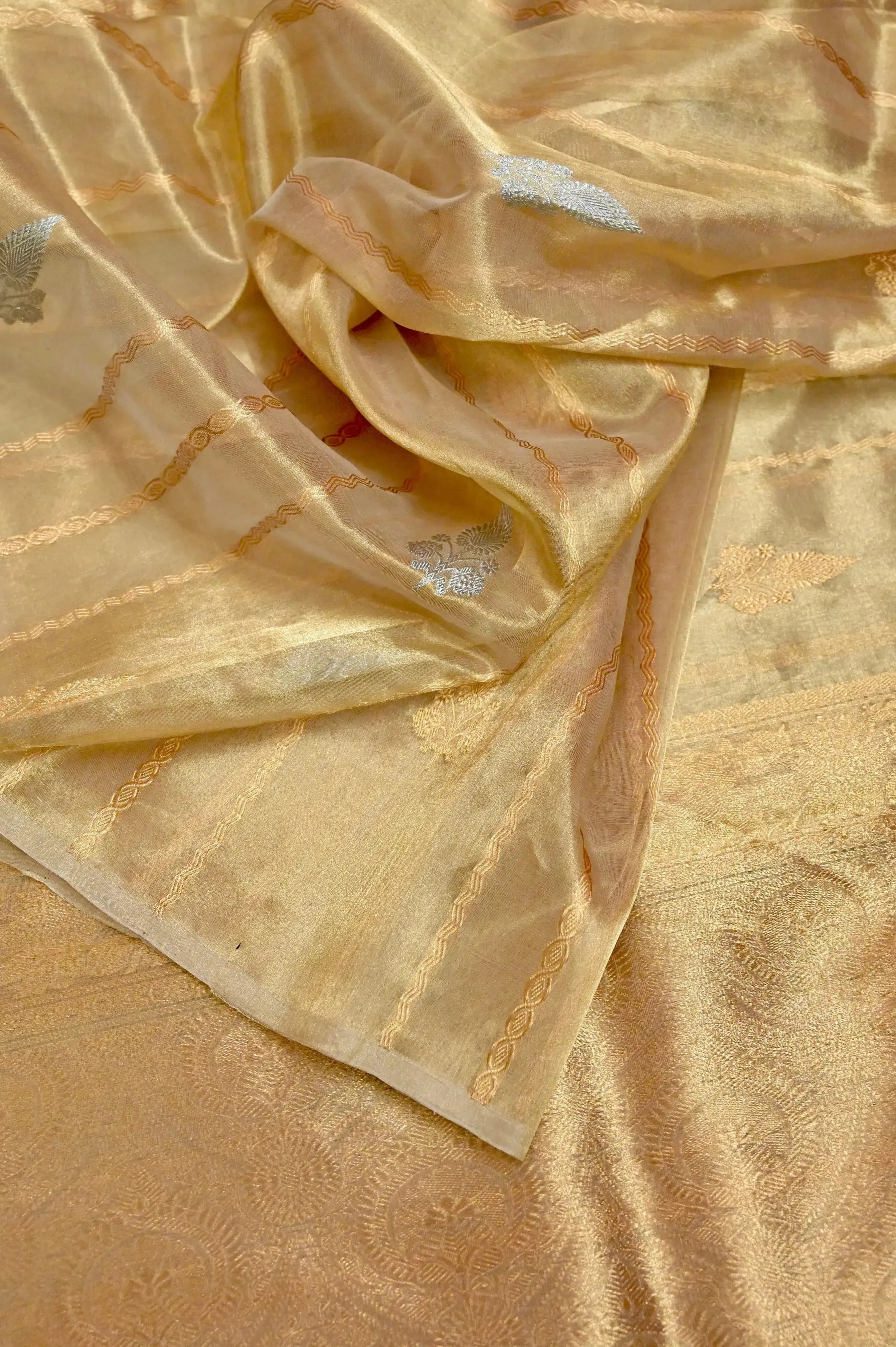 Golden Color Pure Tissue Banarasi Saree with Golden and Silver Butta Work