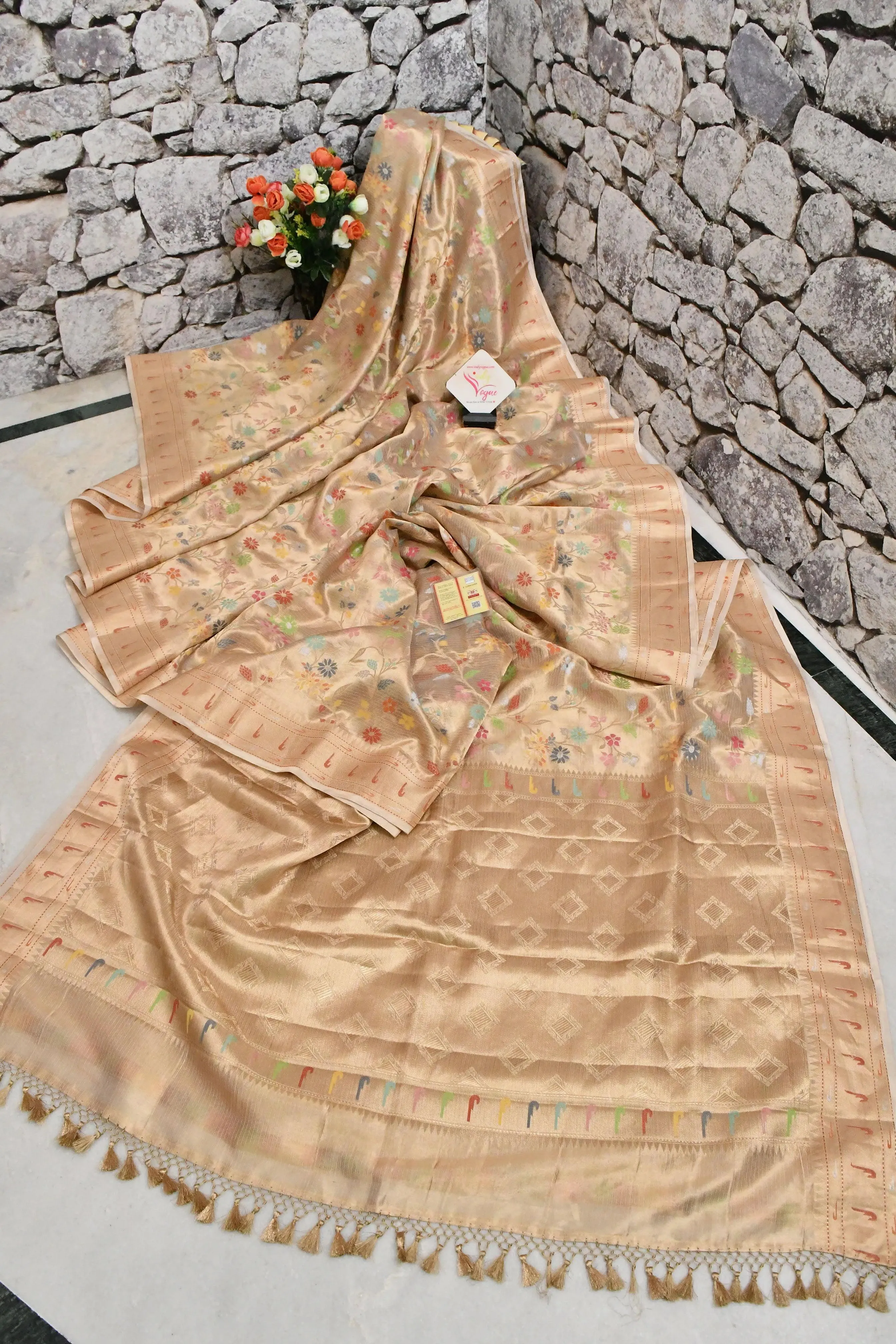 Golden Color Tissue Banarasi Saree with Allover Meenakari Jaal Work and Paithani Border