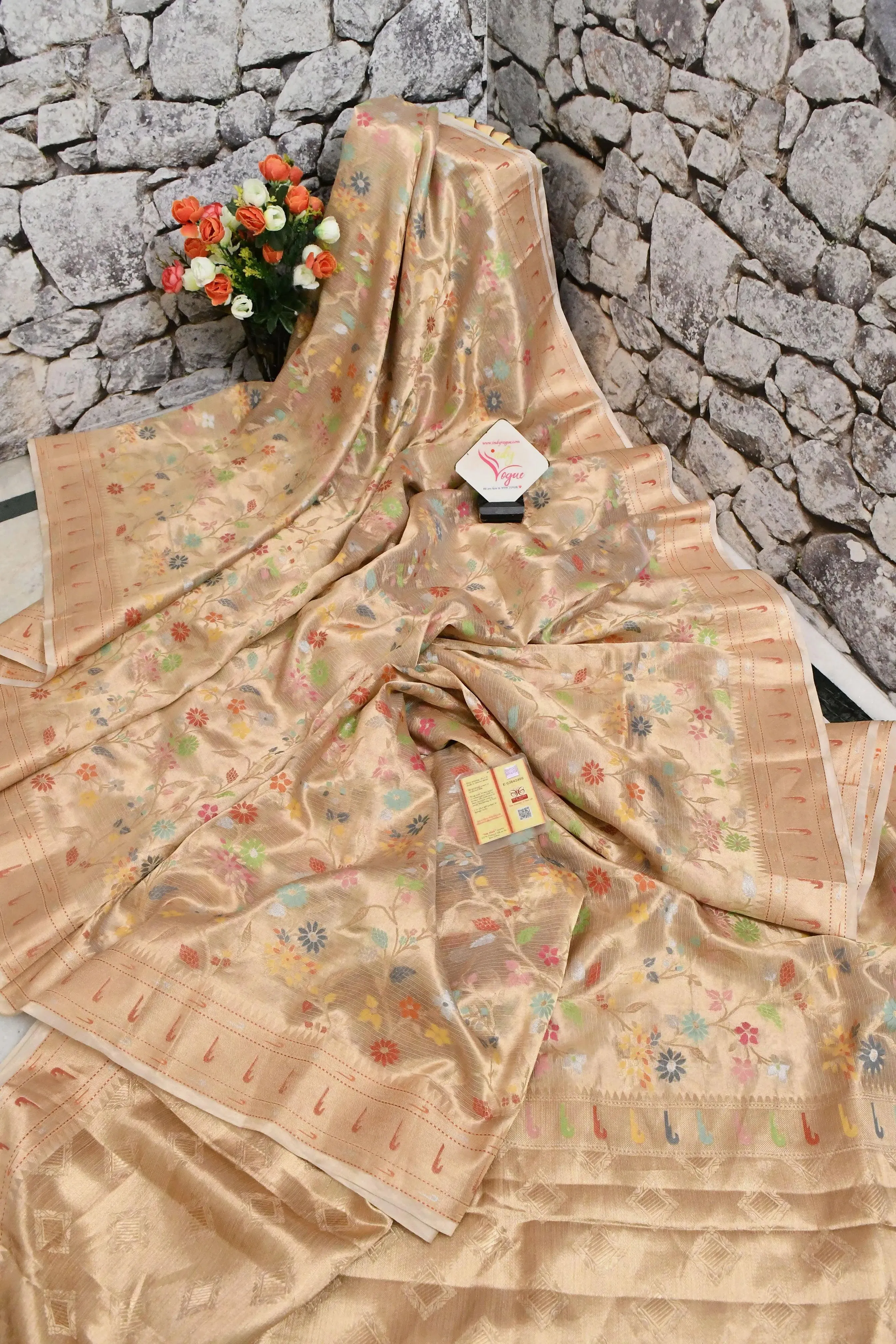 Golden Color Tissue Banarasi Saree with Allover Meenakari Jaal Work and Paithani Border