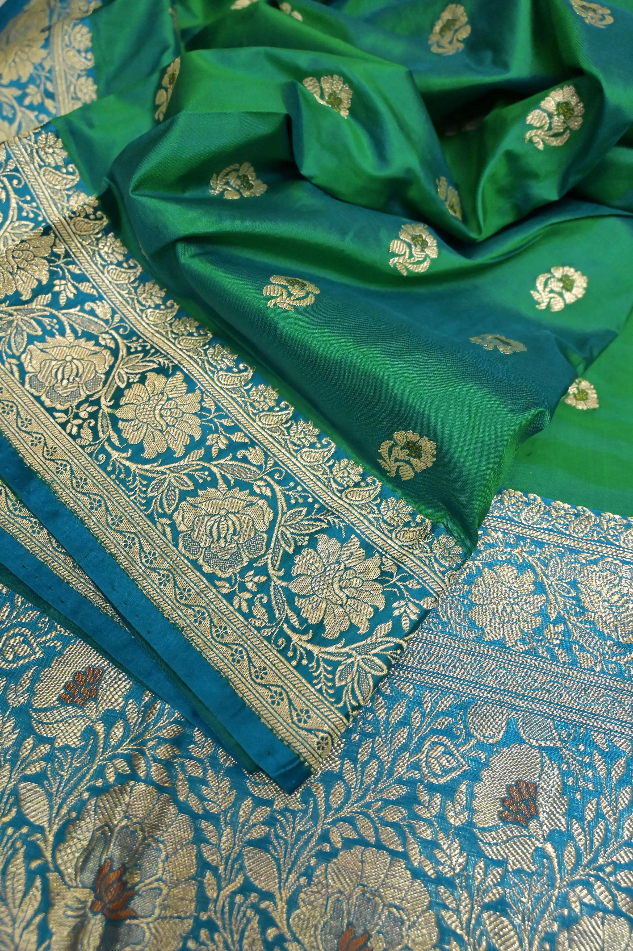 Green and Blue Color Korial Katan Banarasi with Meenakari Work