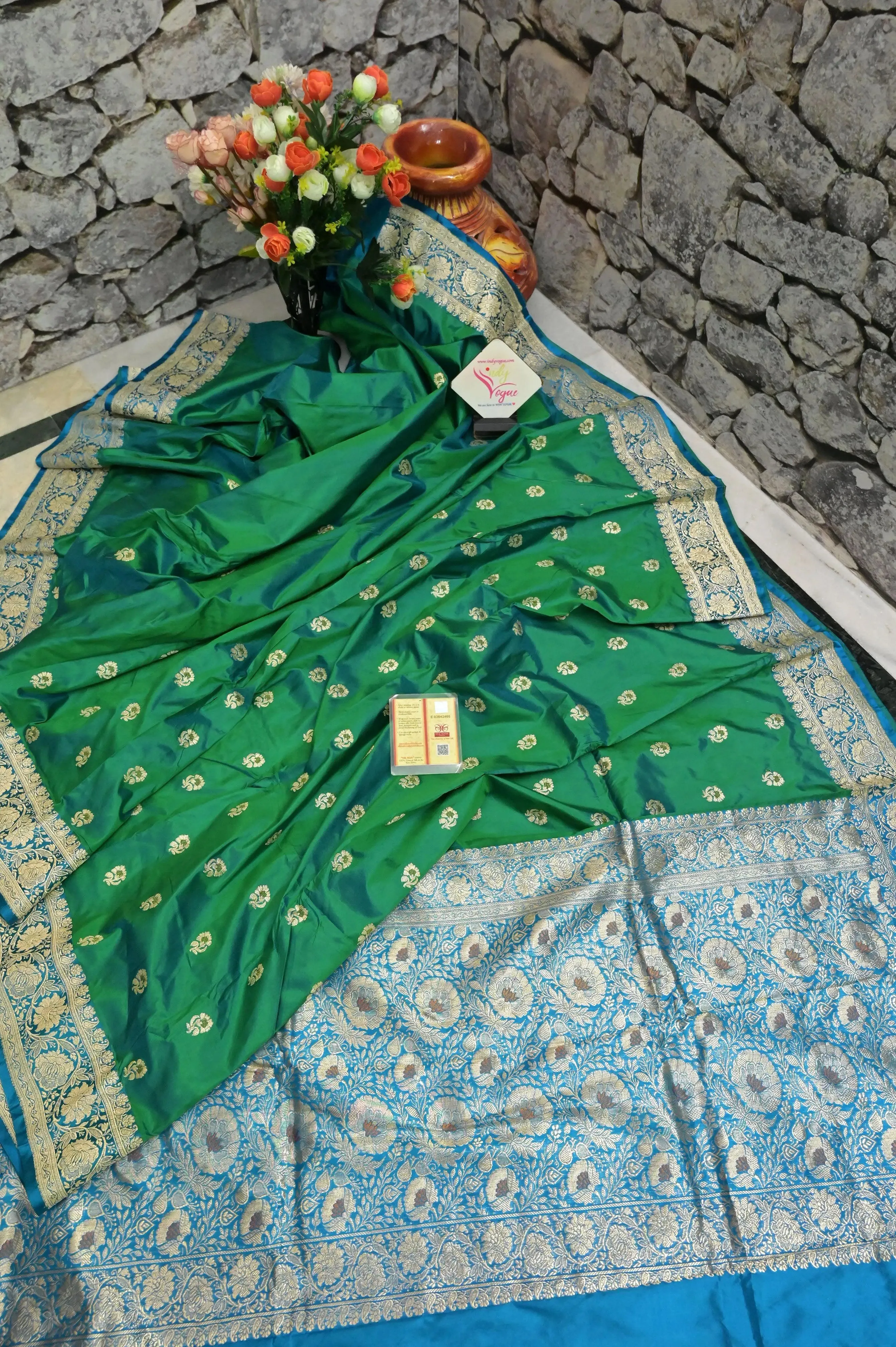 Green and Blue Color Korial Katan Banarasi with Meenakari Work