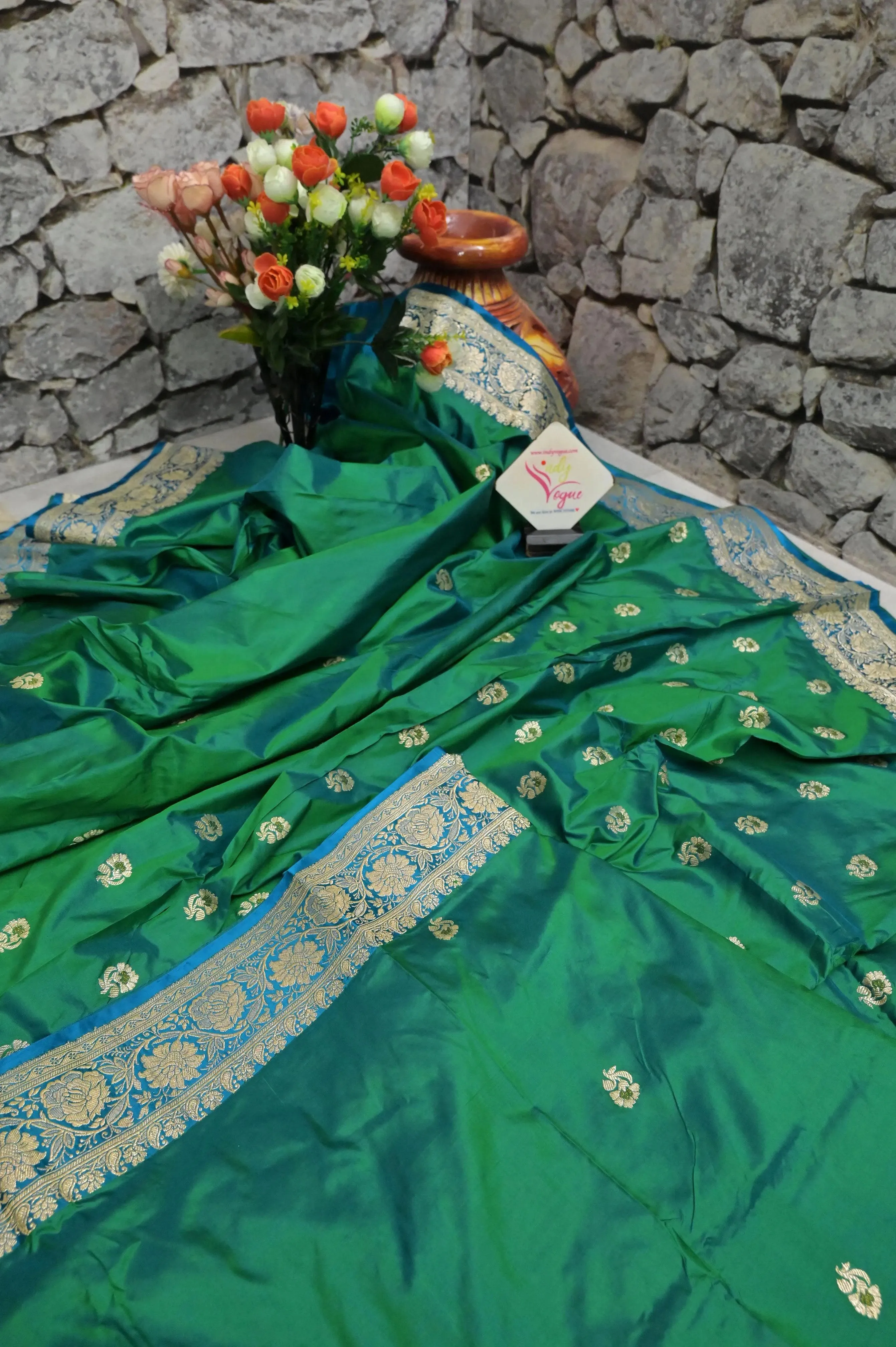 Green and Blue Color Korial Katan Banarasi with Meenakari Work