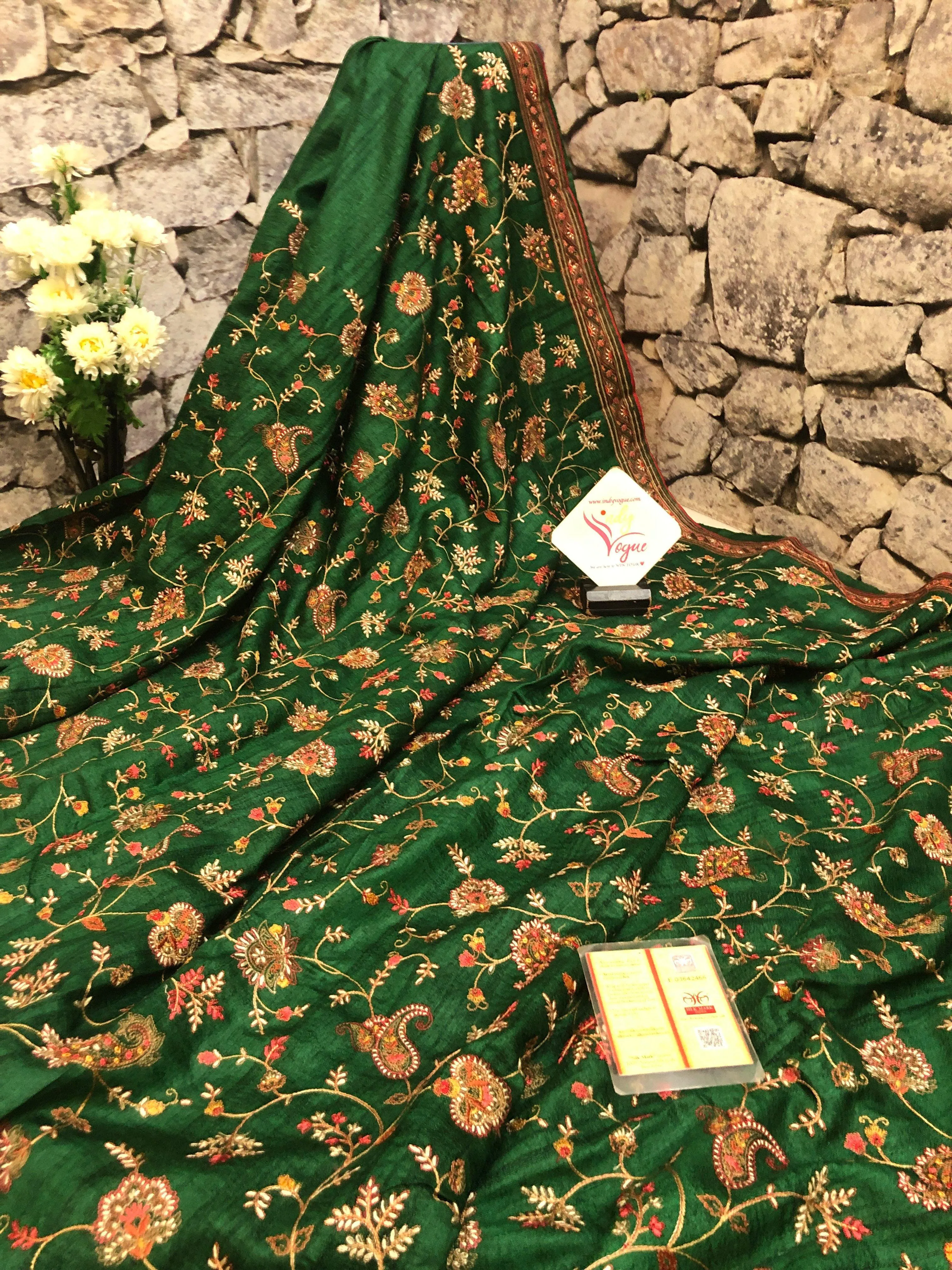 Green Color Gachi Tussar with Kashmiri Embroidery and Sequin Work