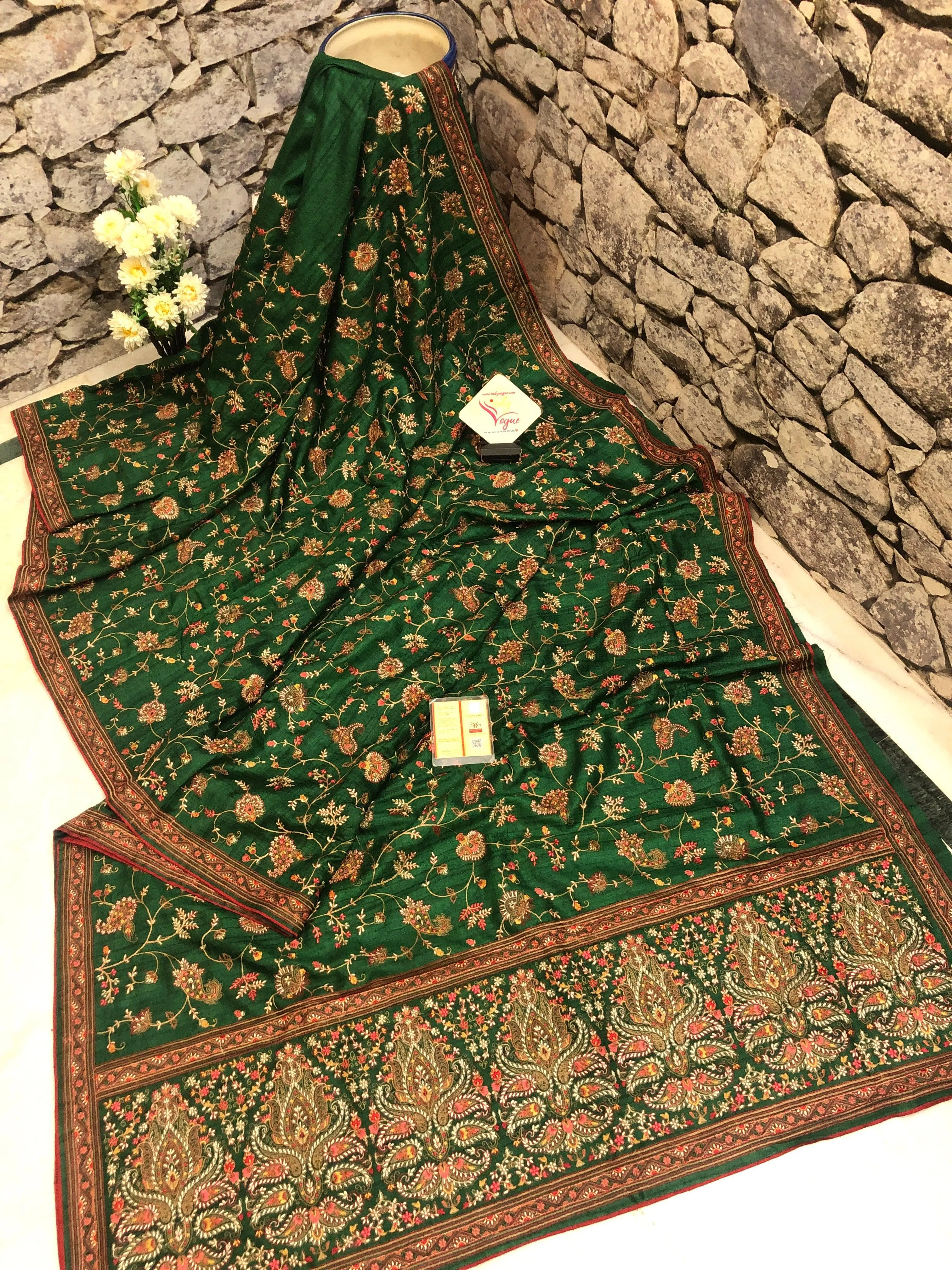 Green Color Gachi Tussar with Kashmiri Embroidery and Sequin Work