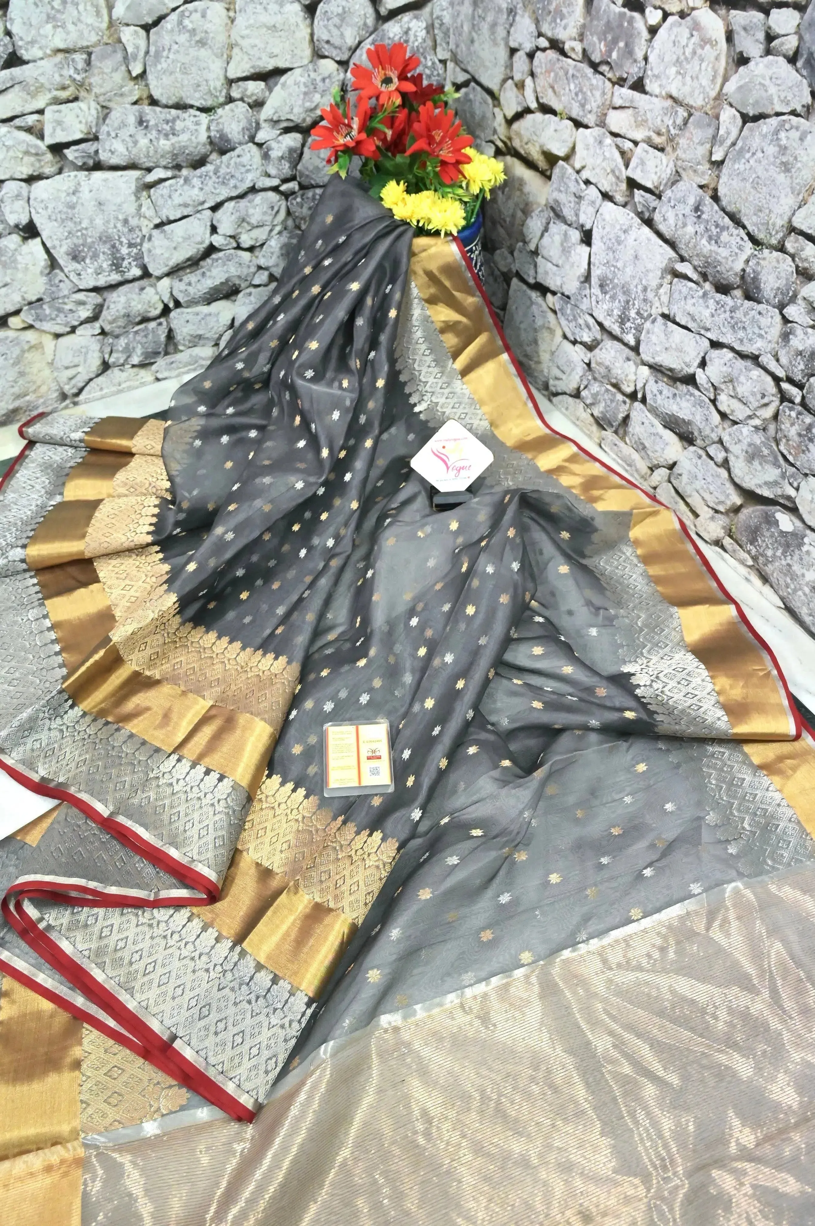 Grey Color Chanderi Banarasi Saree with Silver and Golden Zari Work