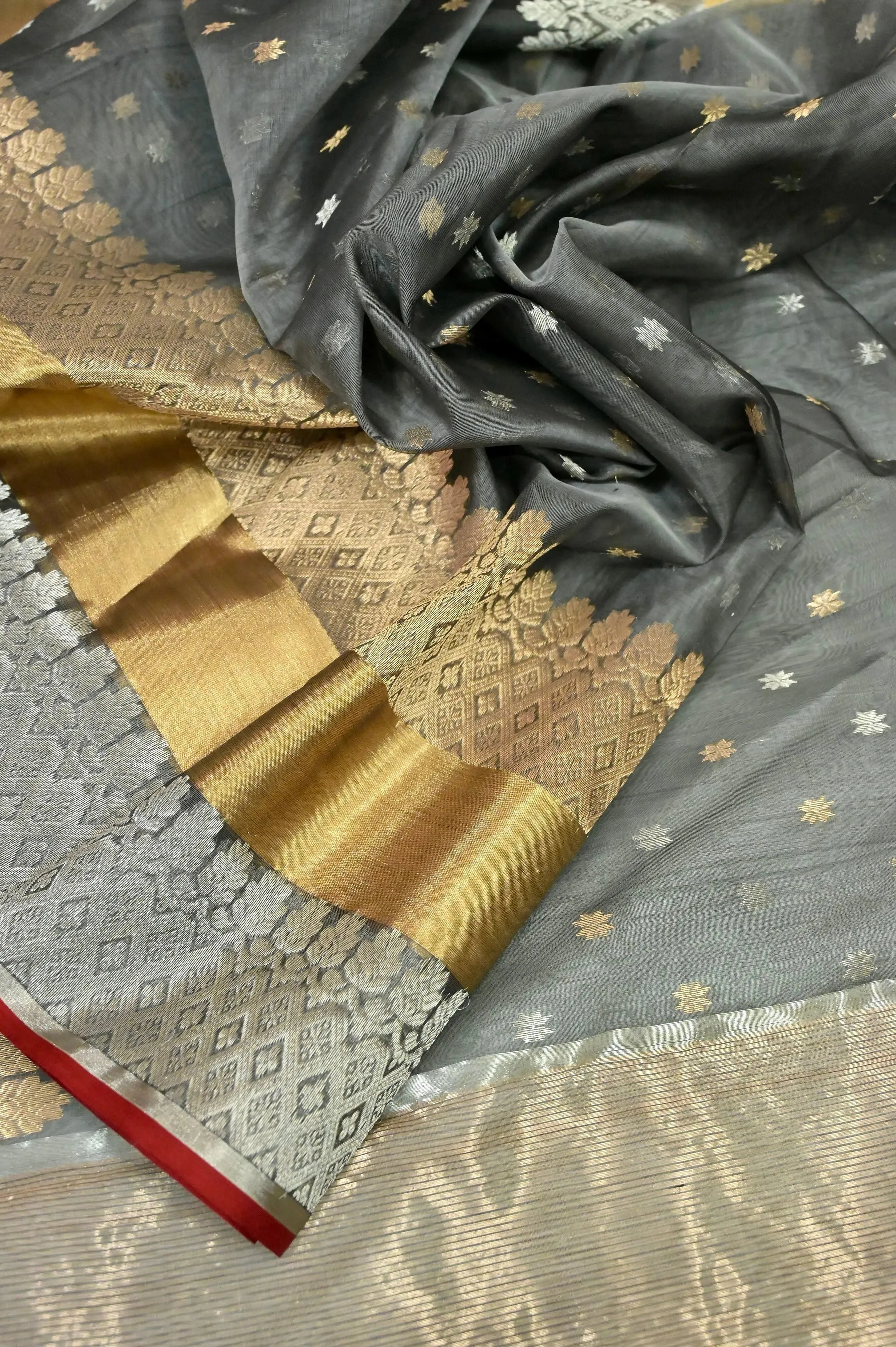 Grey Color Chanderi Banarasi Saree with Silver and Golden Zari Work