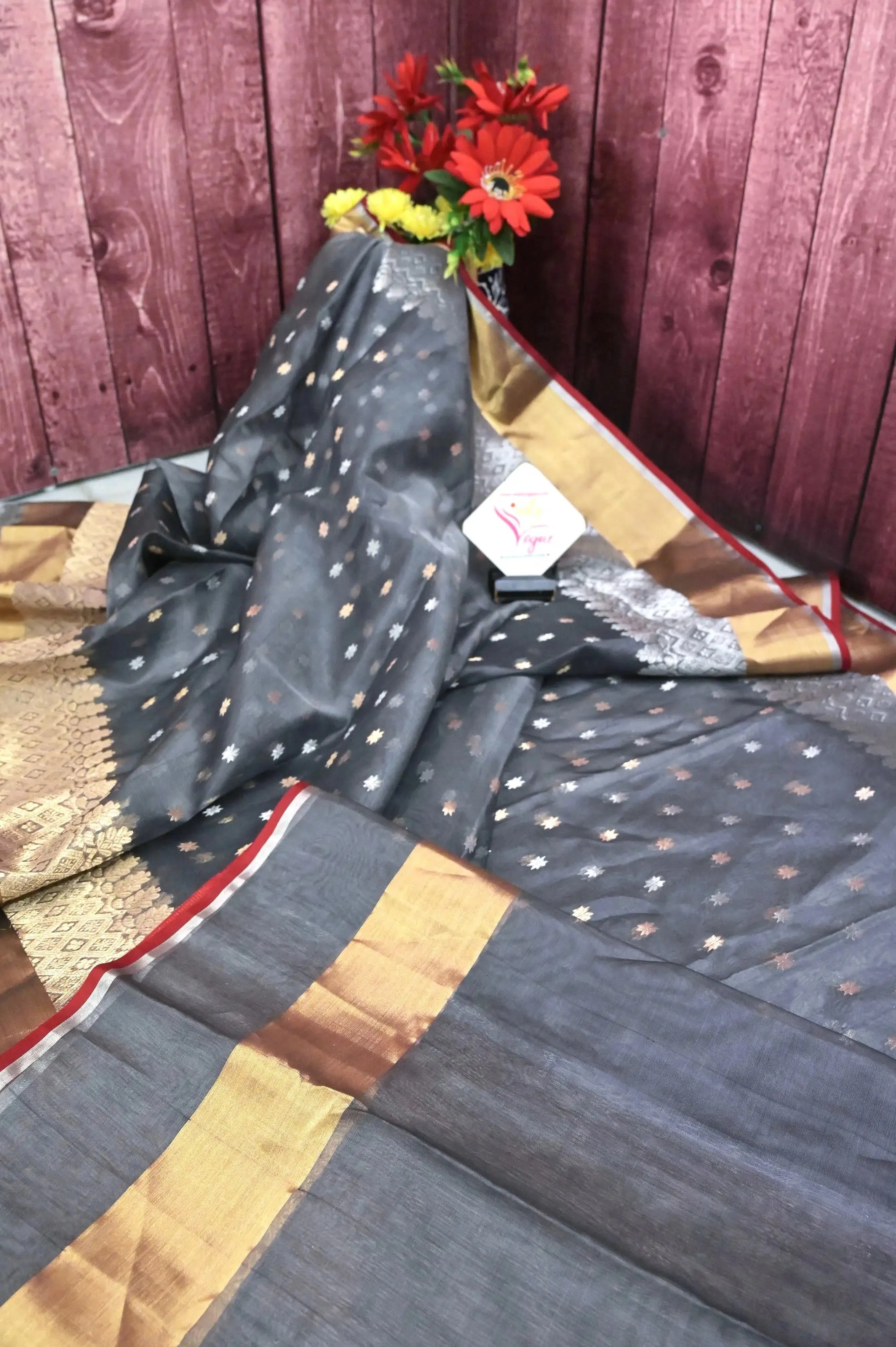 Grey Color Chanderi Banarasi Saree with Silver and Golden Zari Work