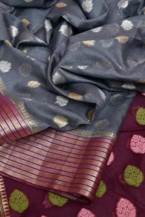 Grey Color Cotton Chanderi Banarasi with Silver and Golden Buti Work