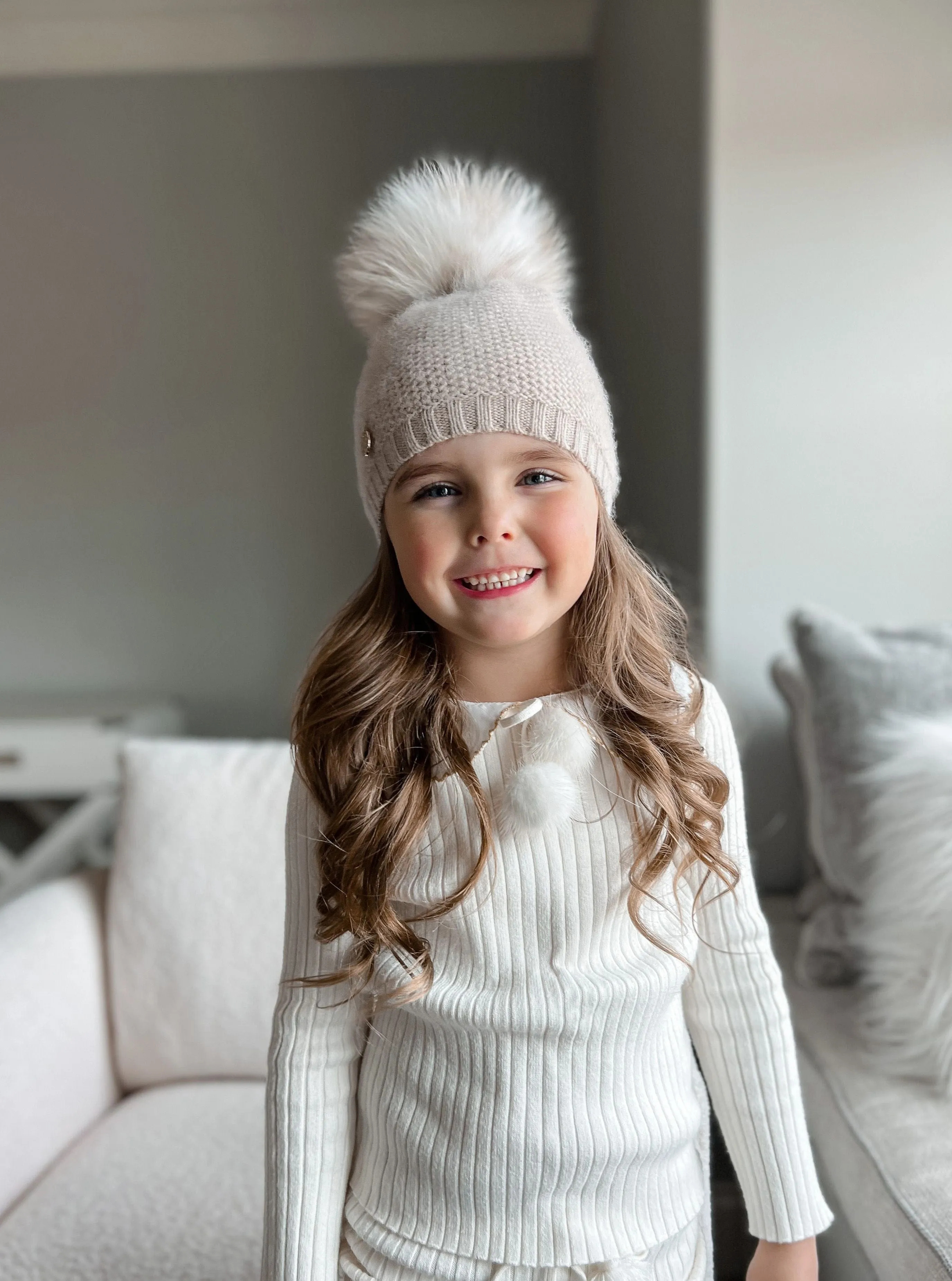 Honeycomb Beige Cashmere Beanie with White Print Pom