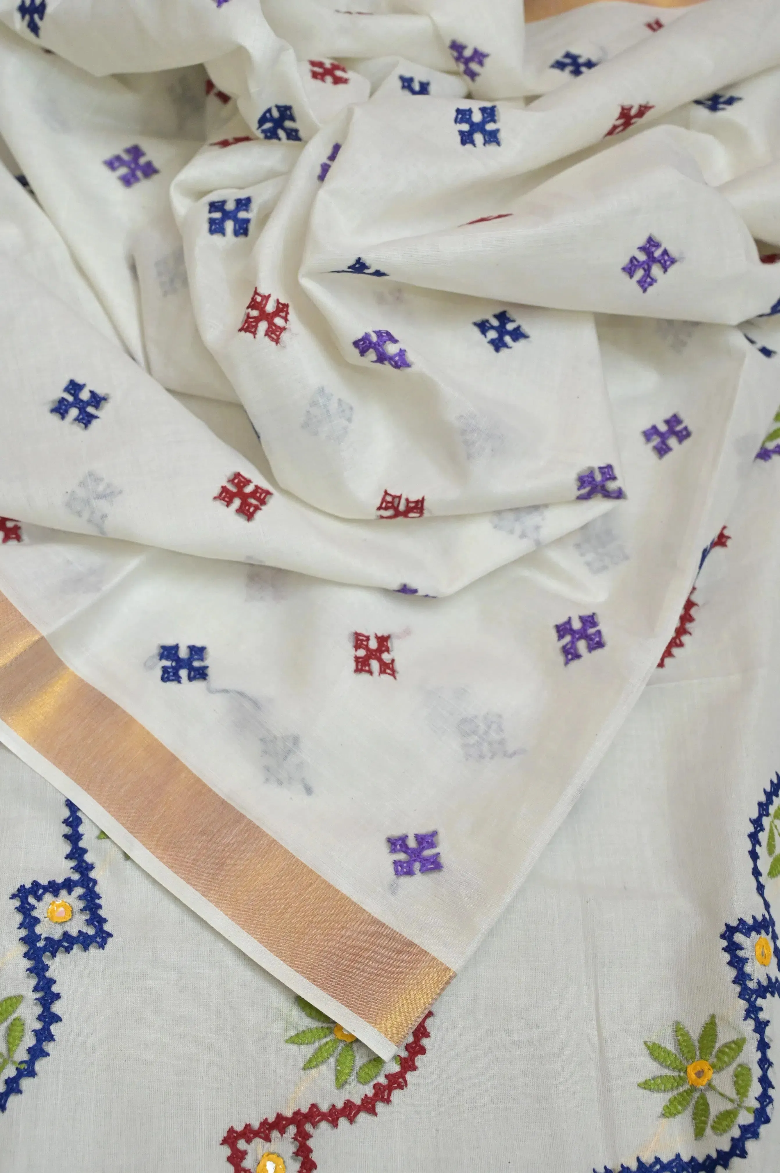 Ivory White Color Kerala Cotton Saree with Hand Gujrati Embroidery and Mirror Work