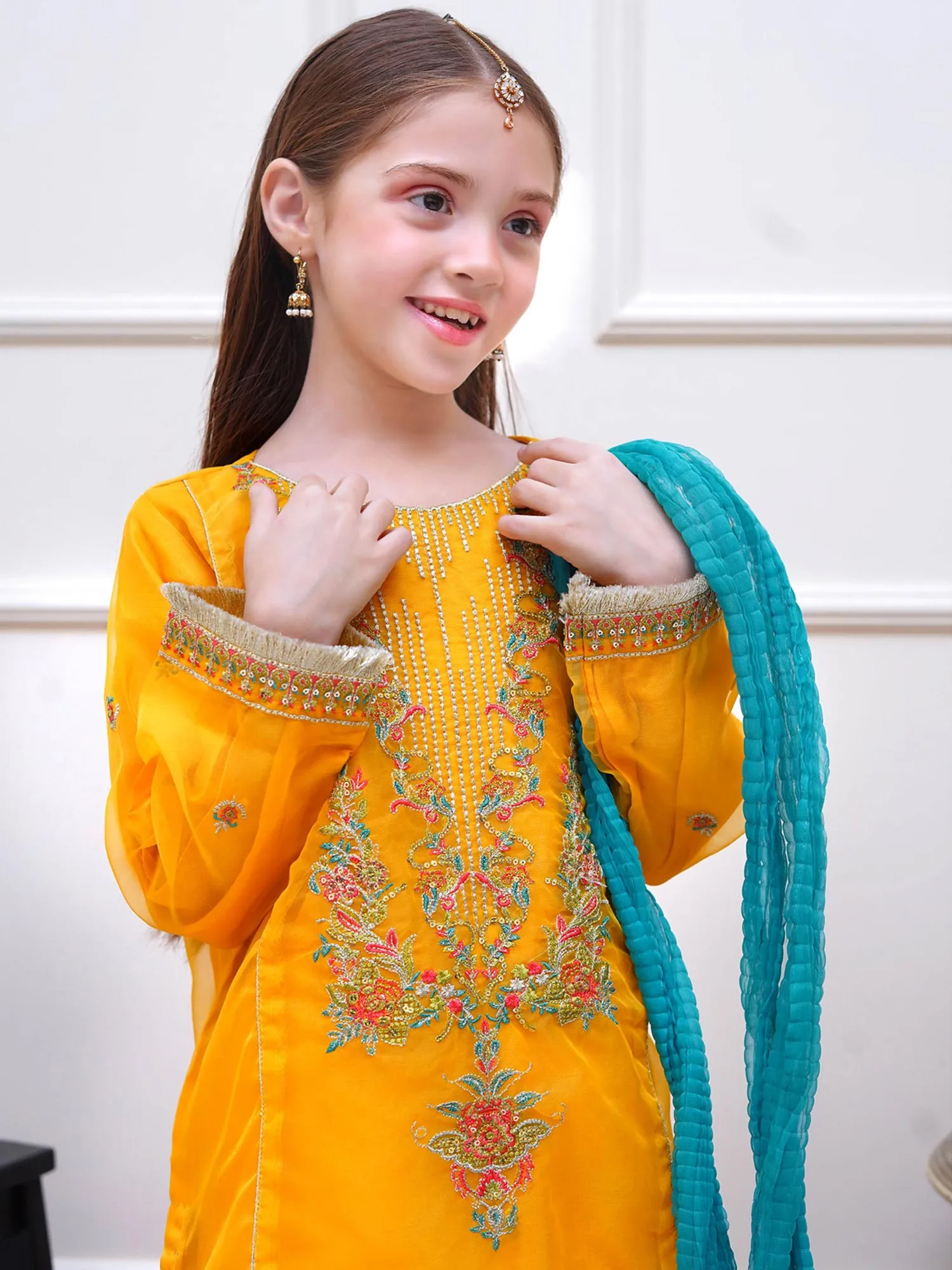 Kids Yellow Embroidered Organza Suit with Silk Gharara