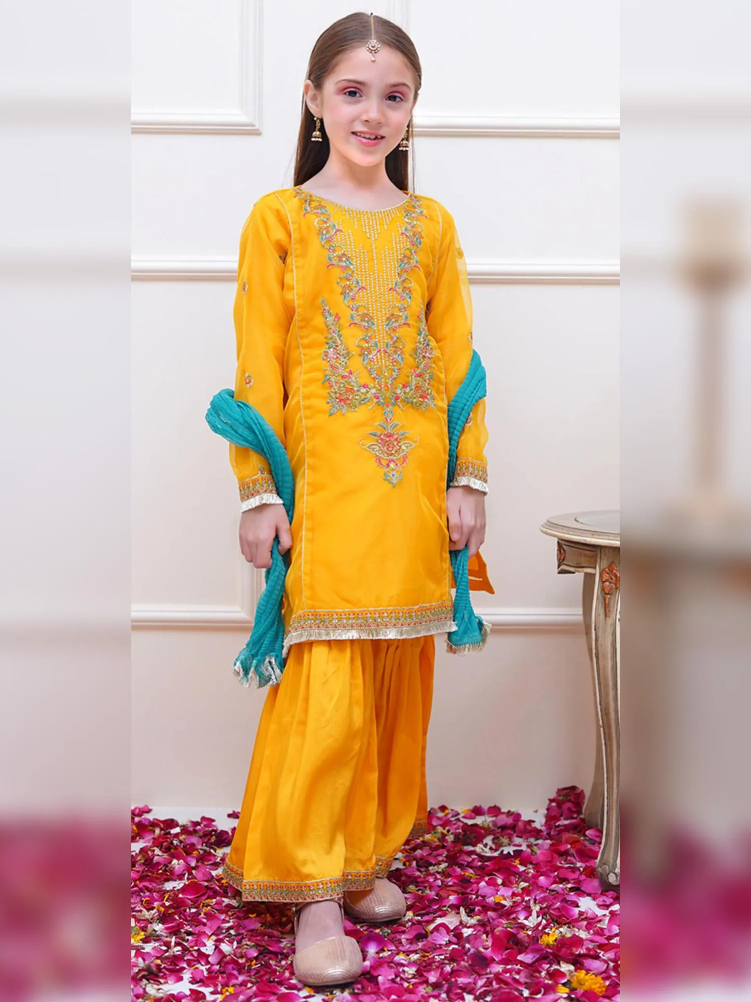 Kids Yellow Embroidered Organza Suit with Silk Gharara