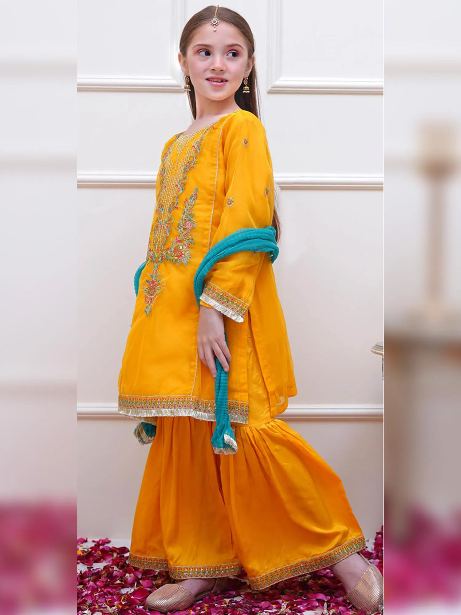 Kids Yellow Embroidered Organza Suit with Silk Gharara