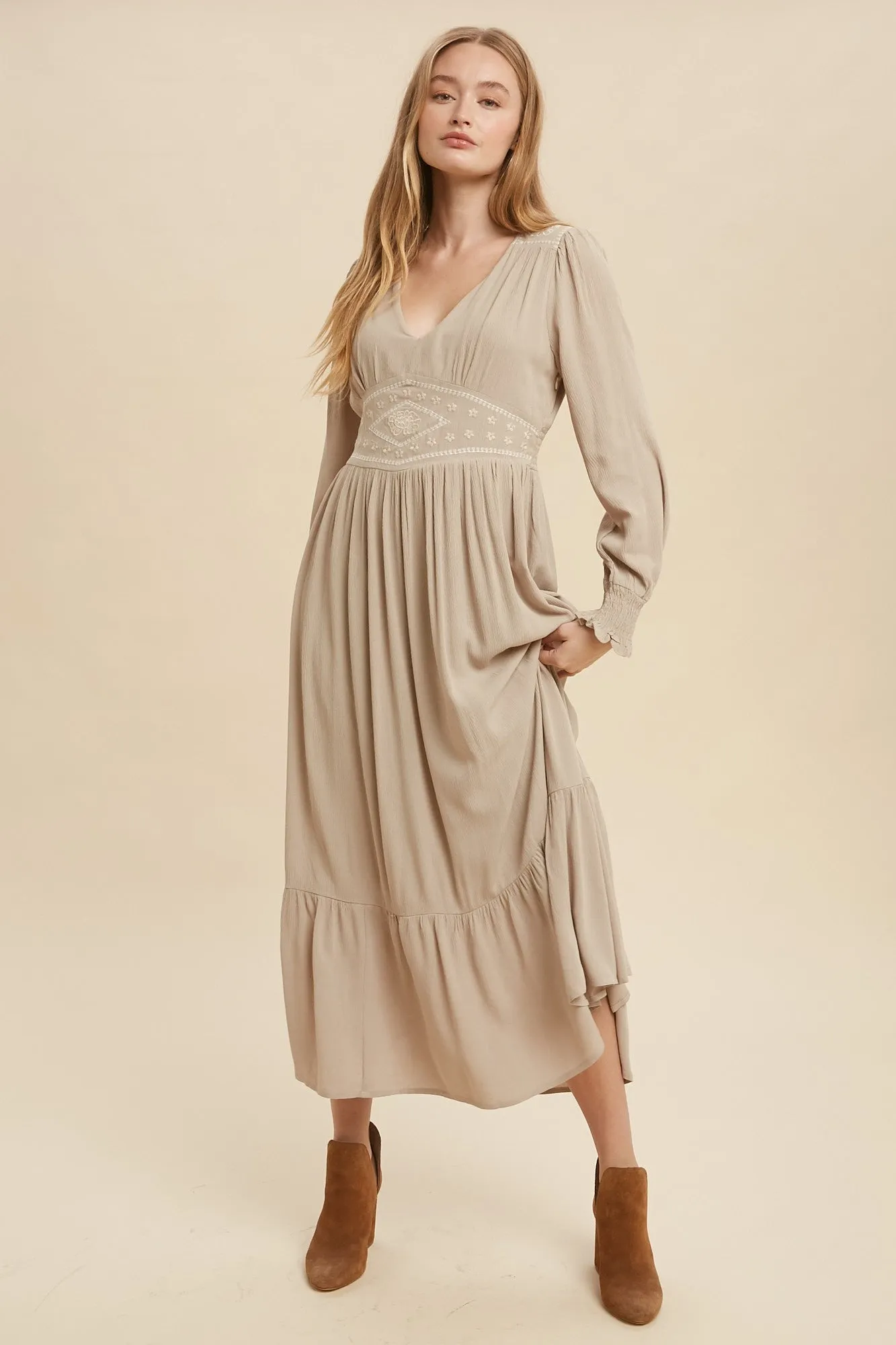 Laura Embroidered Maxi Dress in Taupe