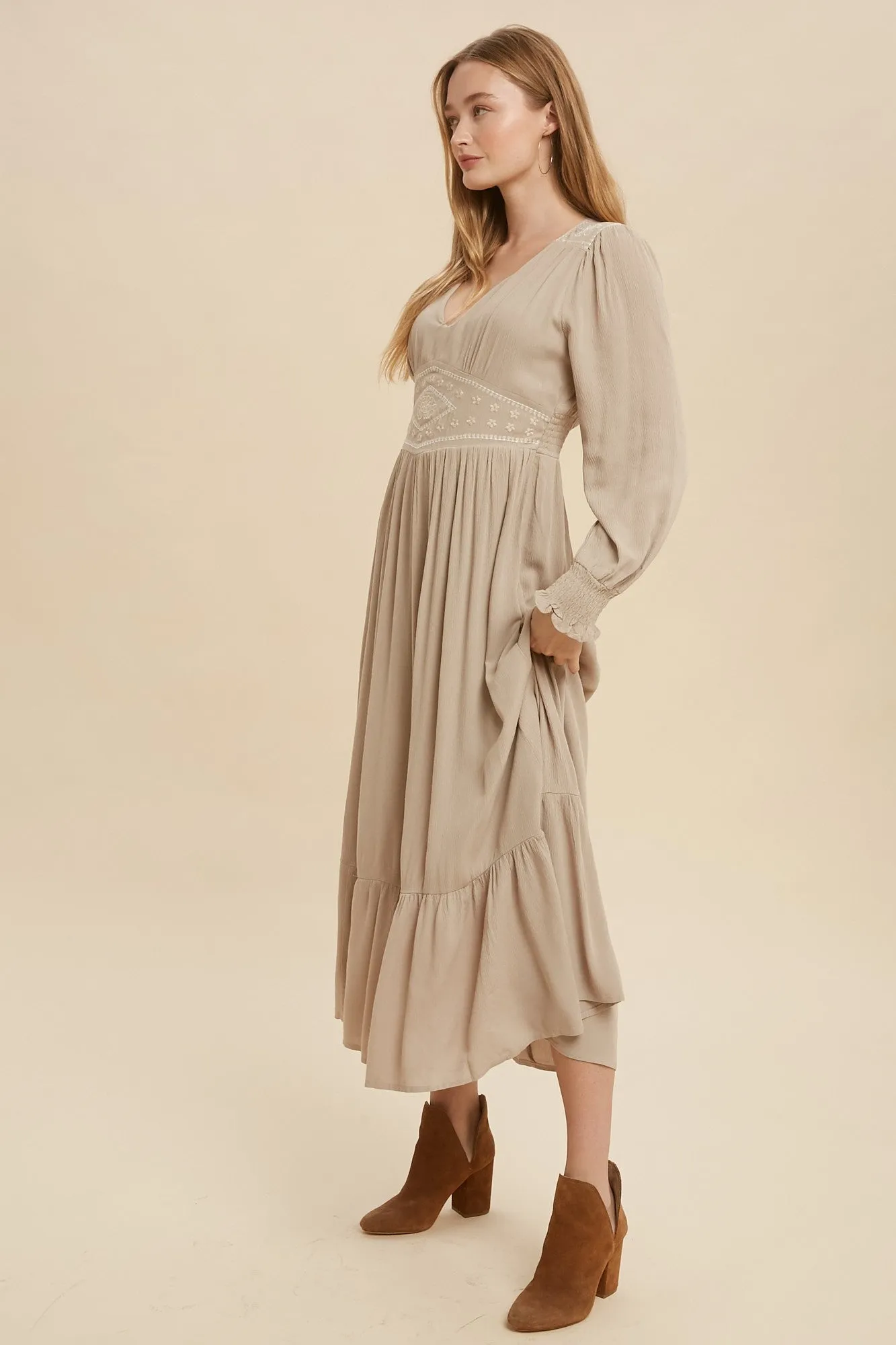 Laura Embroidered Maxi Dress in Taupe