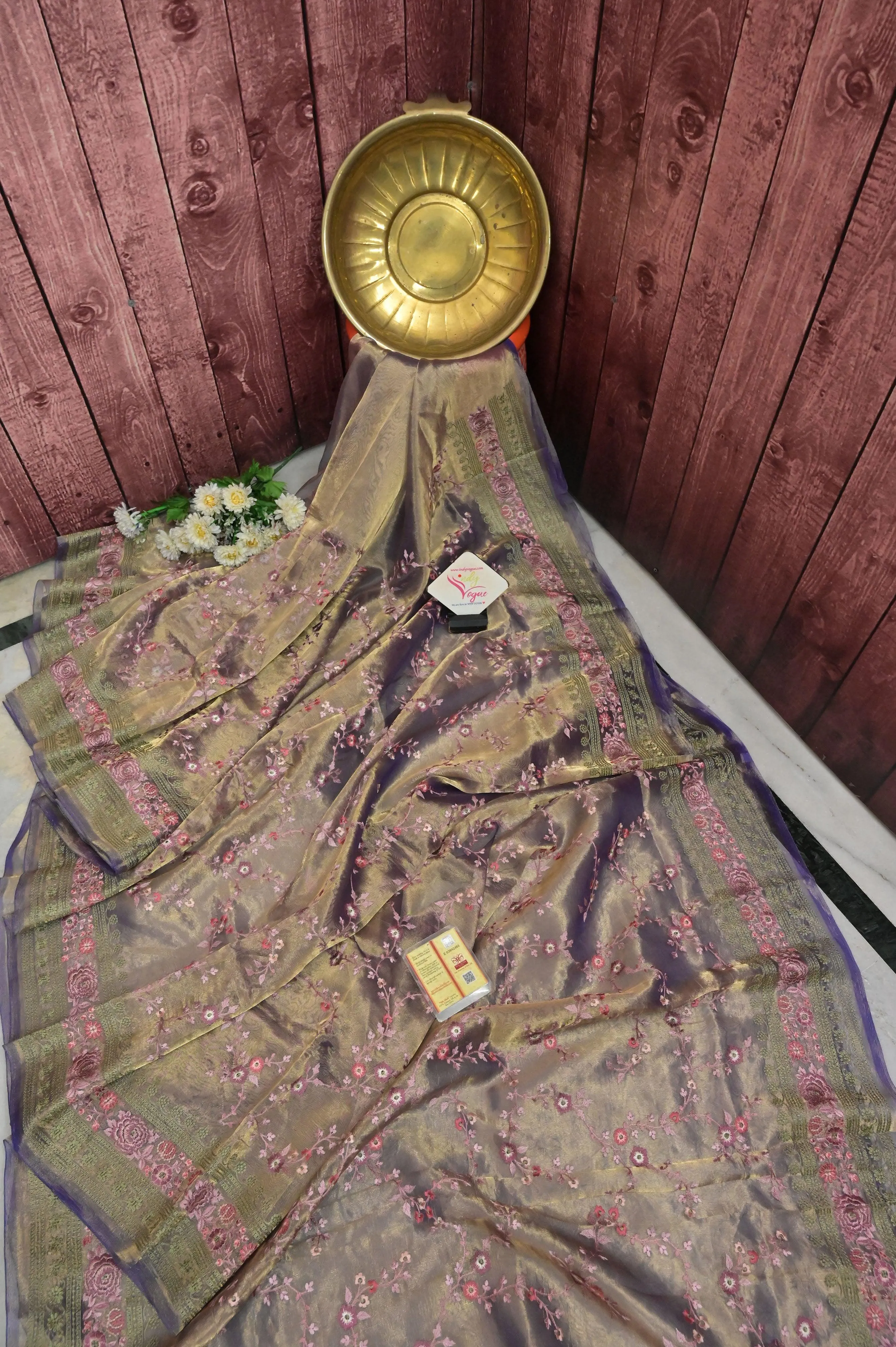 Lavender and Golden Color Tissue Banarasi with Embroidery Work in