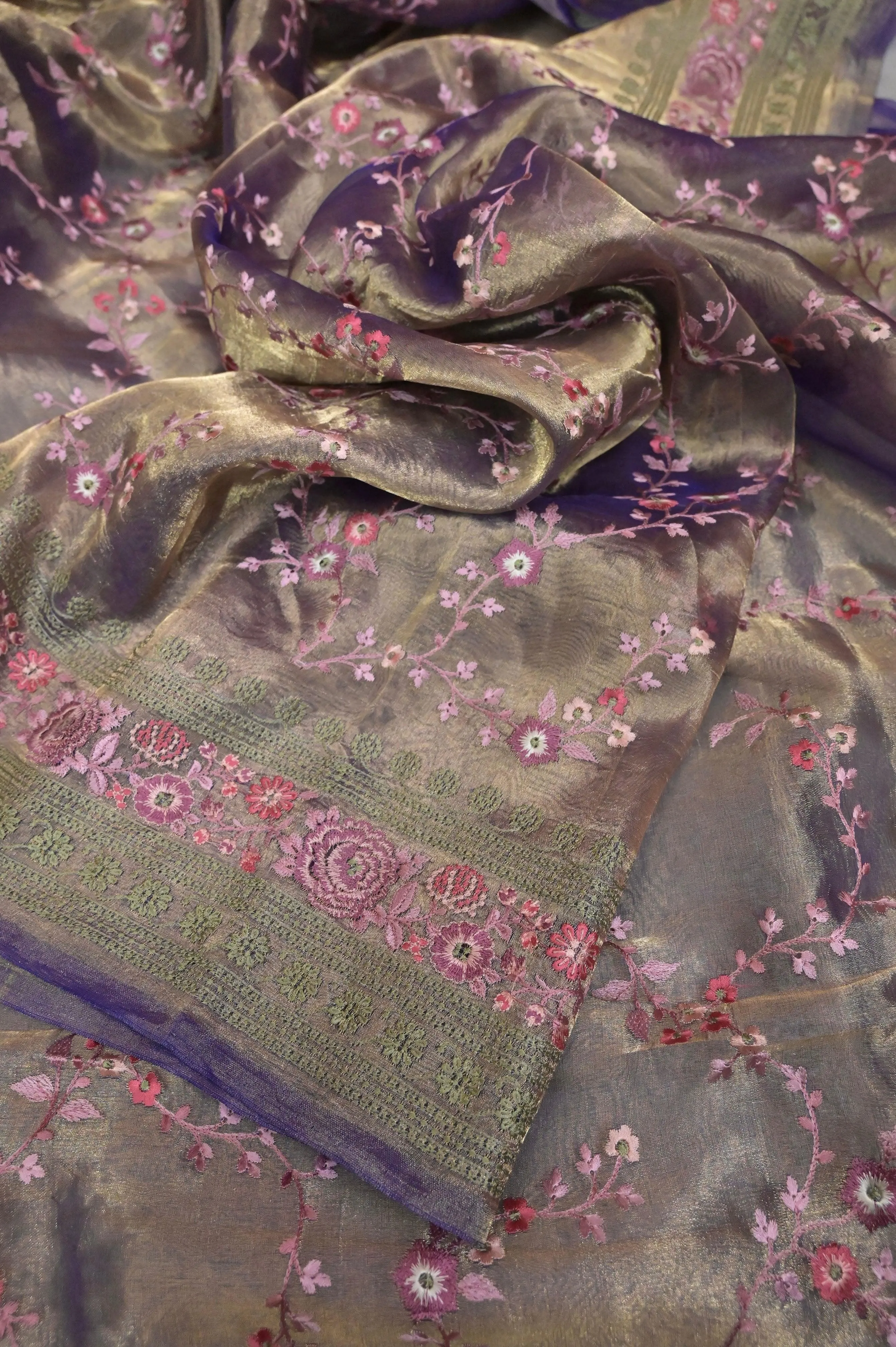 Lavender and Golden Color Tissue Banarasi with Embroidery Work in