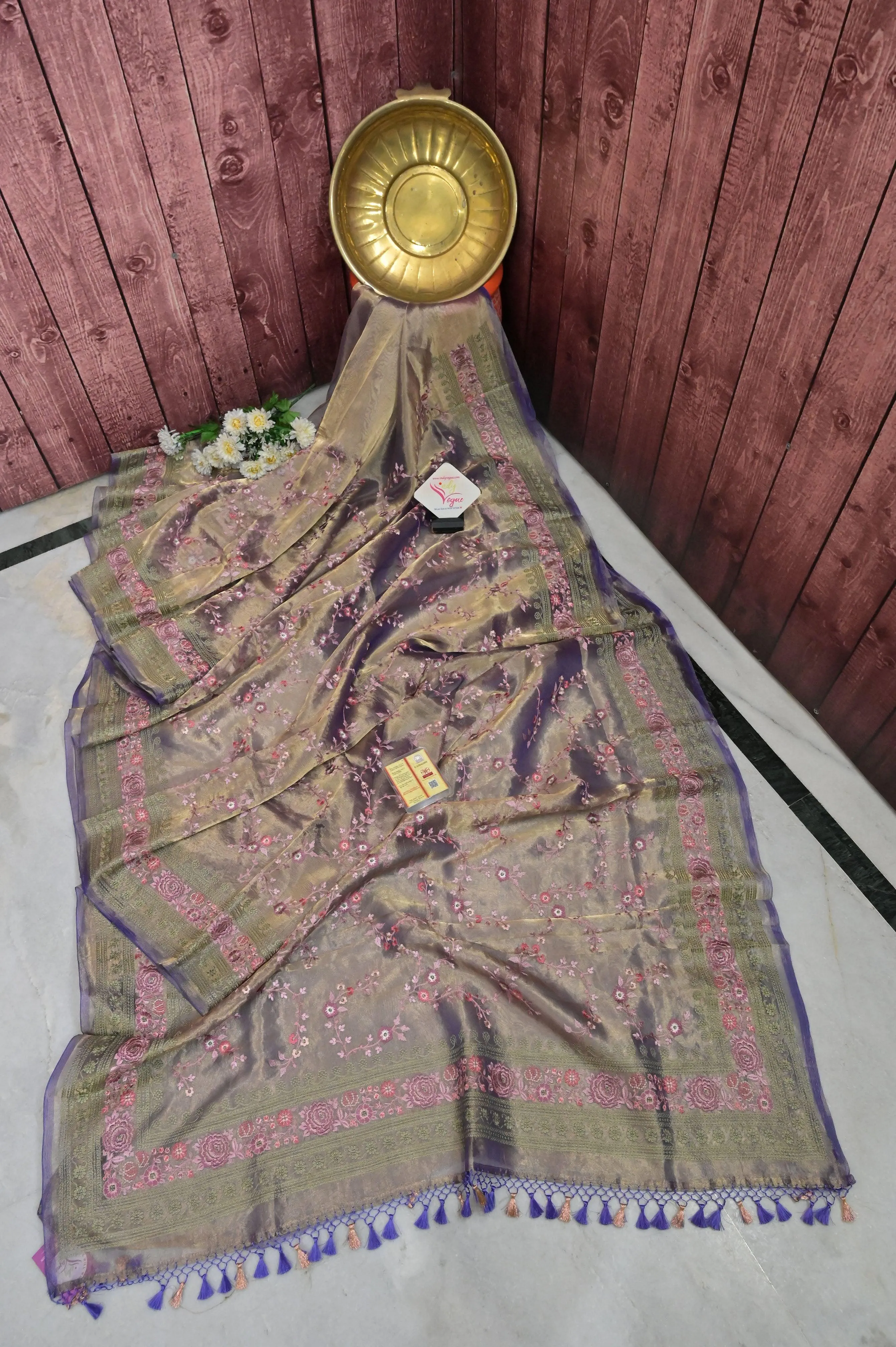 Lavender and Golden Color Tissue Banarasi with Embroidery Work in