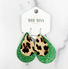 Leather Stacked Teardrop Earring LeopardCrackle on MetallicGreen