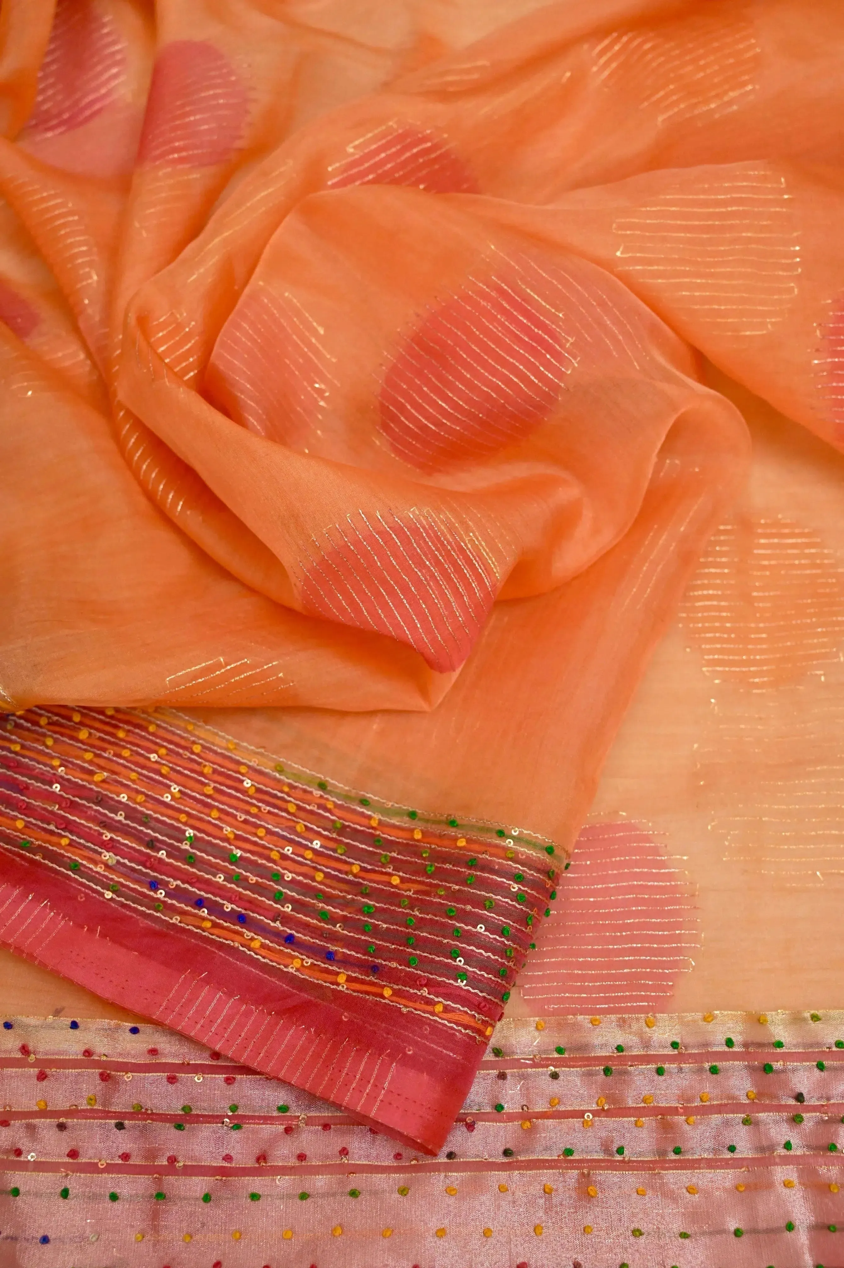 Light Orange and Deep Pink Color Dual Tone Organza Banarasi saree with Hand Brushing and Hand Knot Work