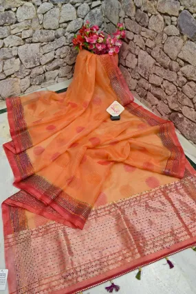 Light Orange and Deep Pink Color Dual Tone Organza Banarasi saree with Hand Brushing and Hand Knot Work