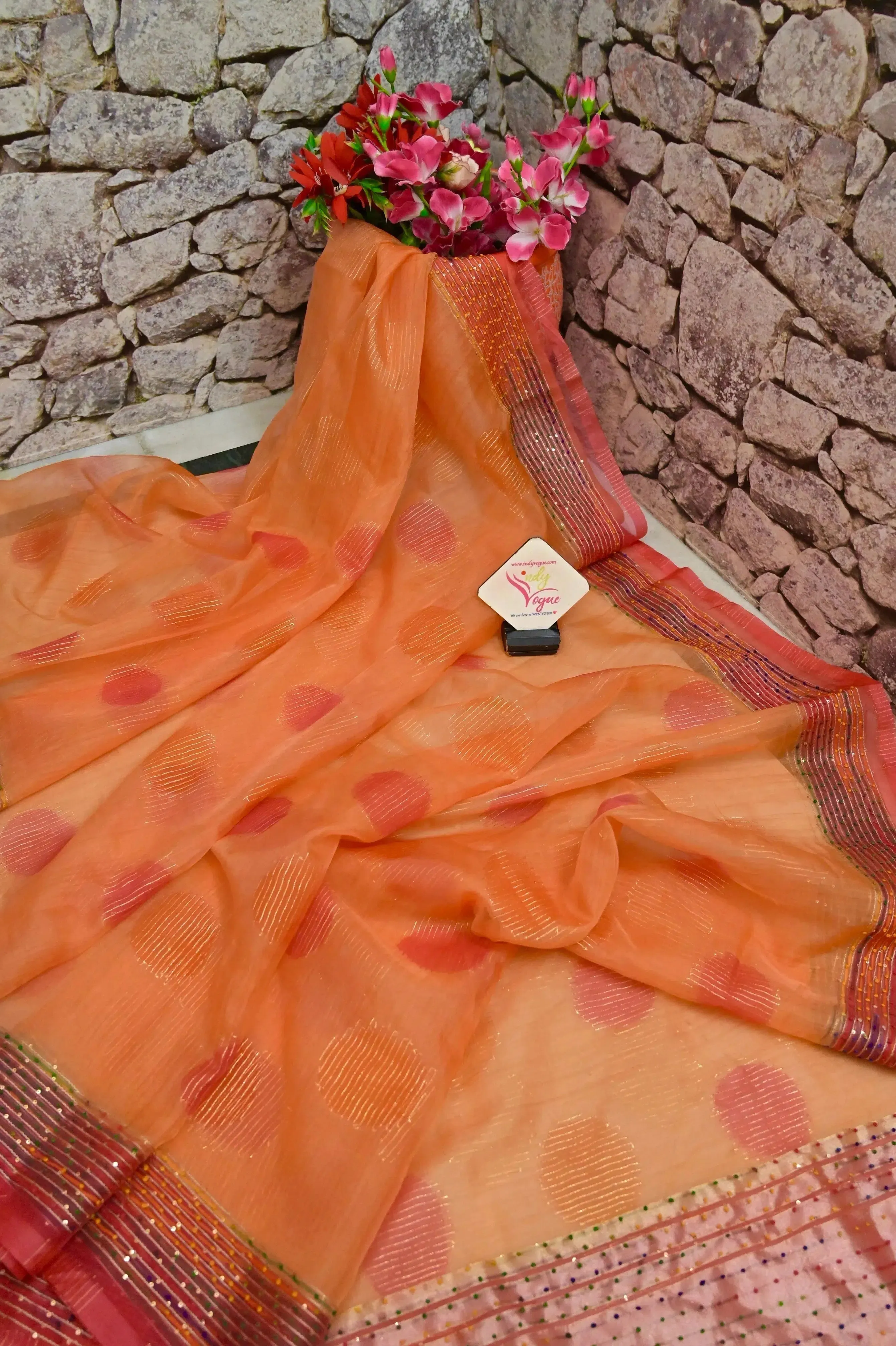 Light Orange and Deep Pink Color Dual Tone Organza Banarasi saree with Hand Brushing and Hand Knot Work