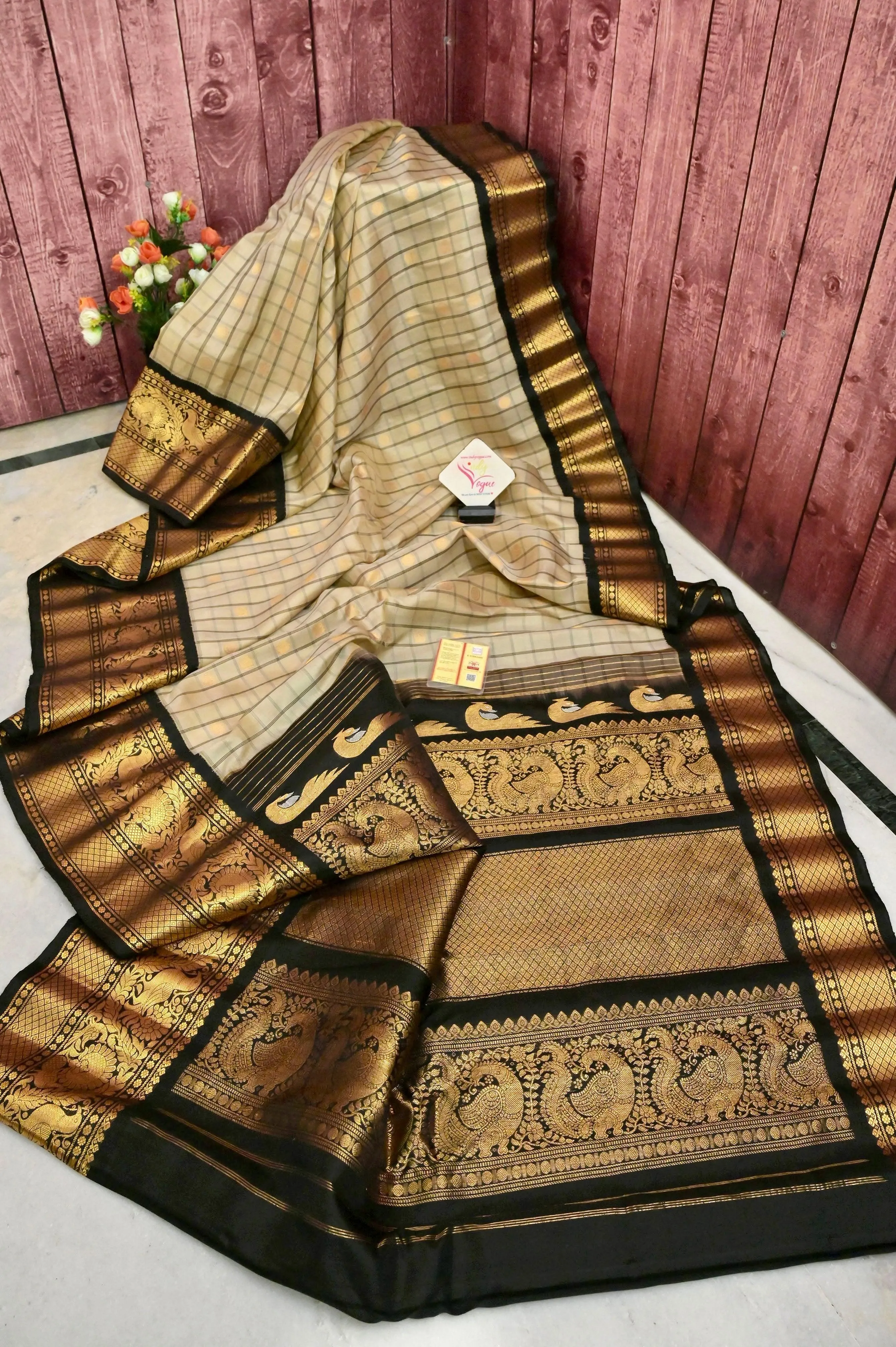 Light Tussar and Black Color Gadwal Silk Saree with Graph Checks and Broad Border