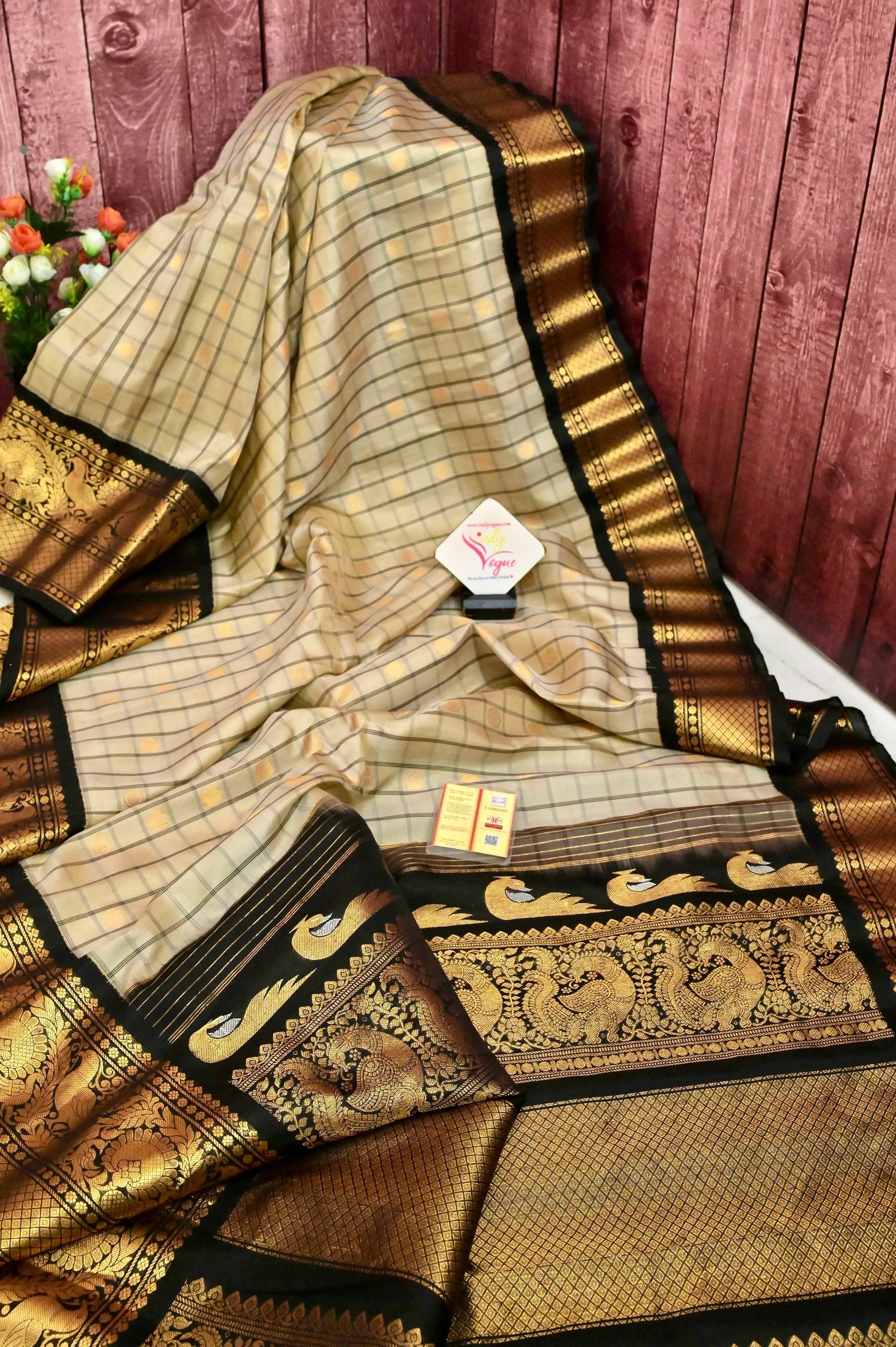 Light Tussar and Black Color Gadwal Silk Saree with Graph Checks and Broad Border