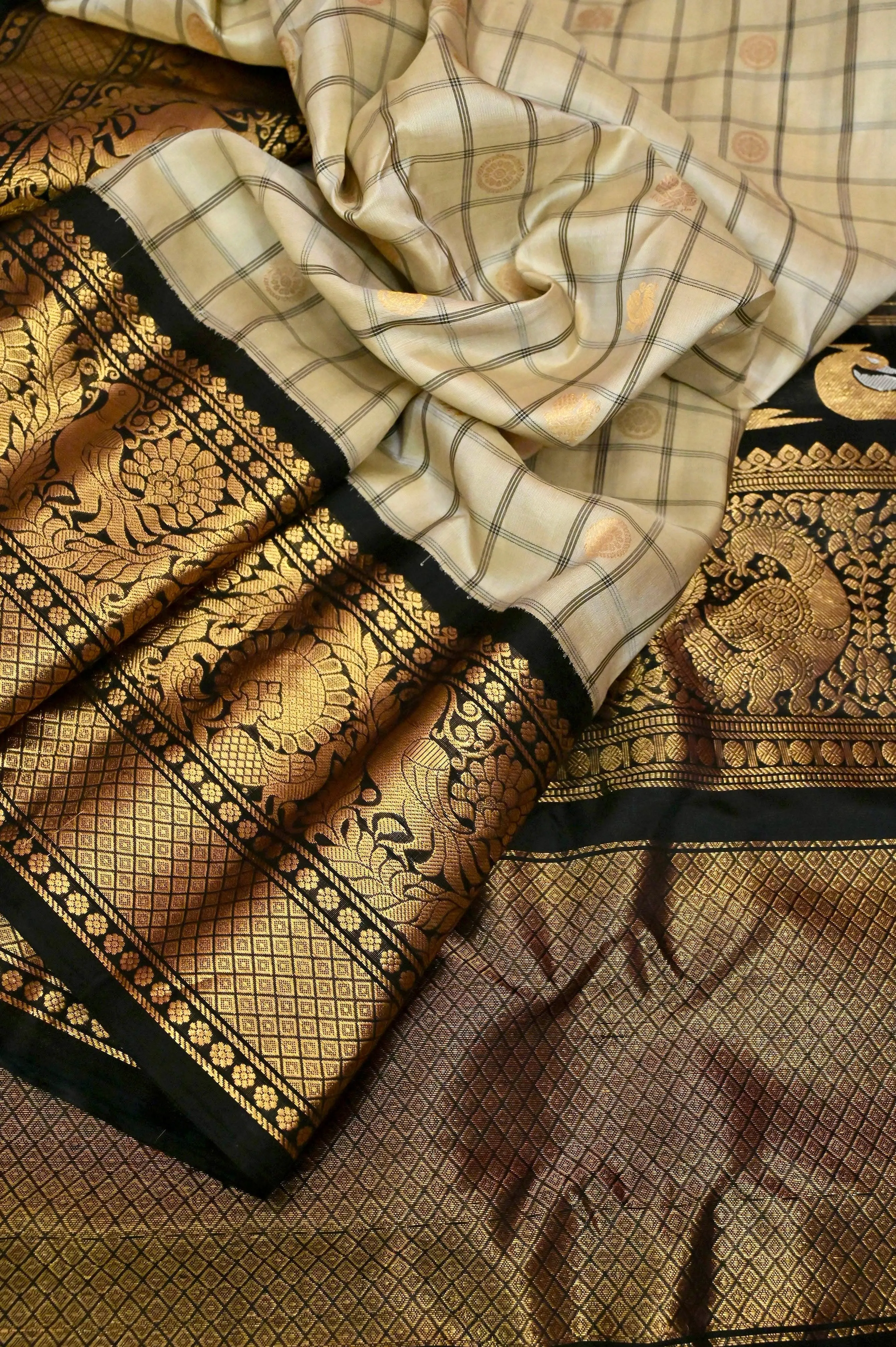 Light Tussar and Black Color Gadwal Silk Saree with Graph Checks and Broad Border