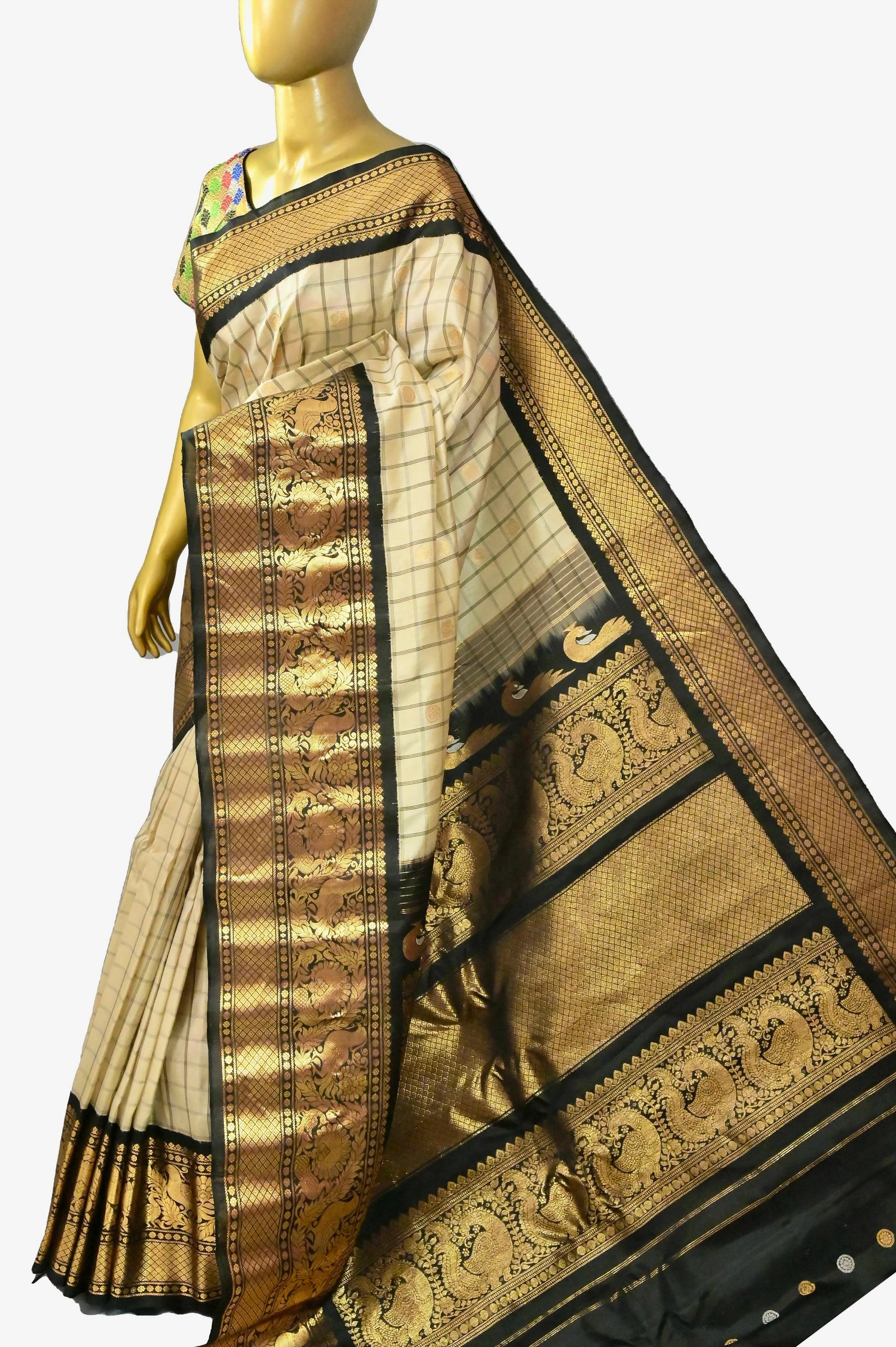 Light Tussar and Black Color Gadwal Silk Saree with Graph Checks and Broad Border