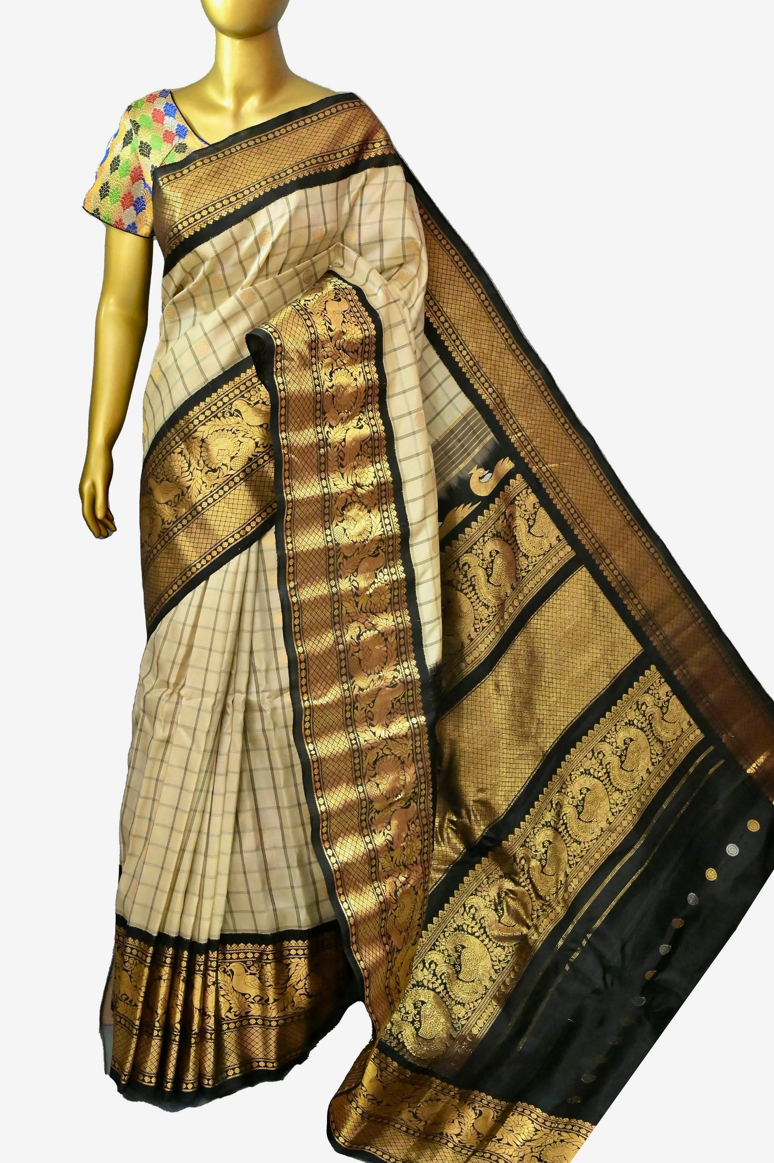 Light Tussar and Black Color Gadwal Silk Saree with Graph Checks and Broad Border