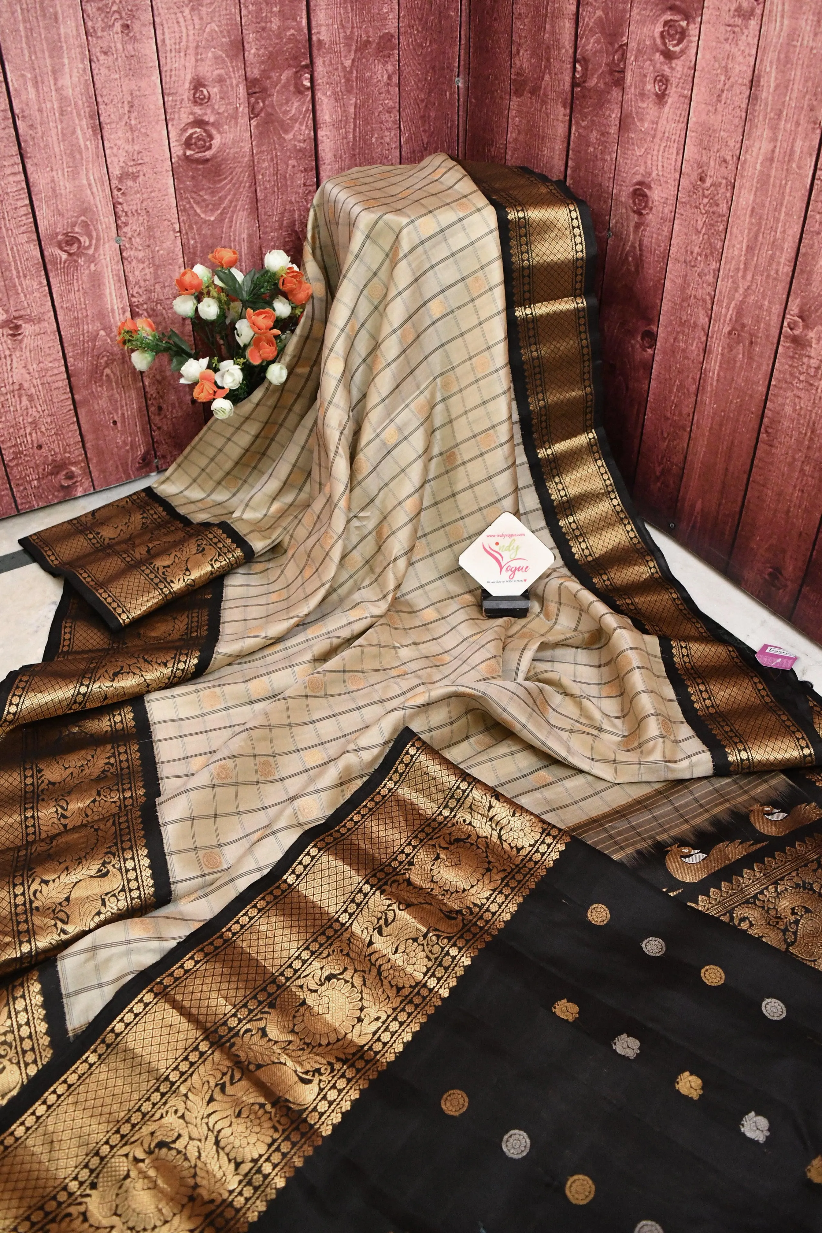 Light Tussar and Black Color Gadwal Silk Saree with Graph Checks and Broad Border