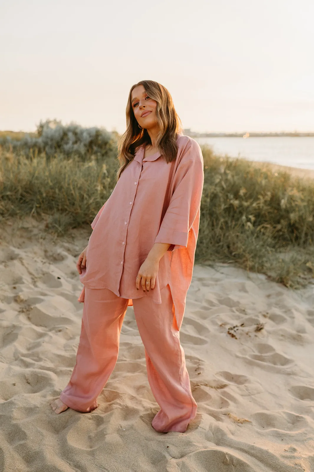 Margot Oversized Linen Shirt Dress in Old Rose