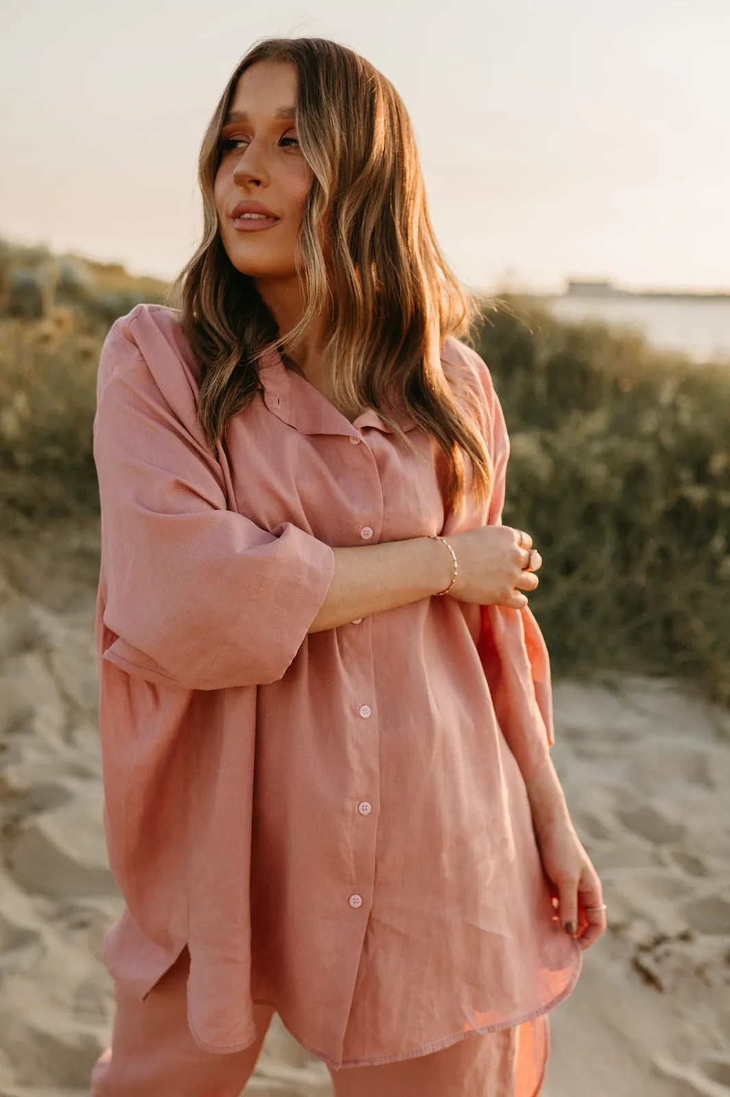 Margot Oversized Linen Shirt Dress in Old Rose