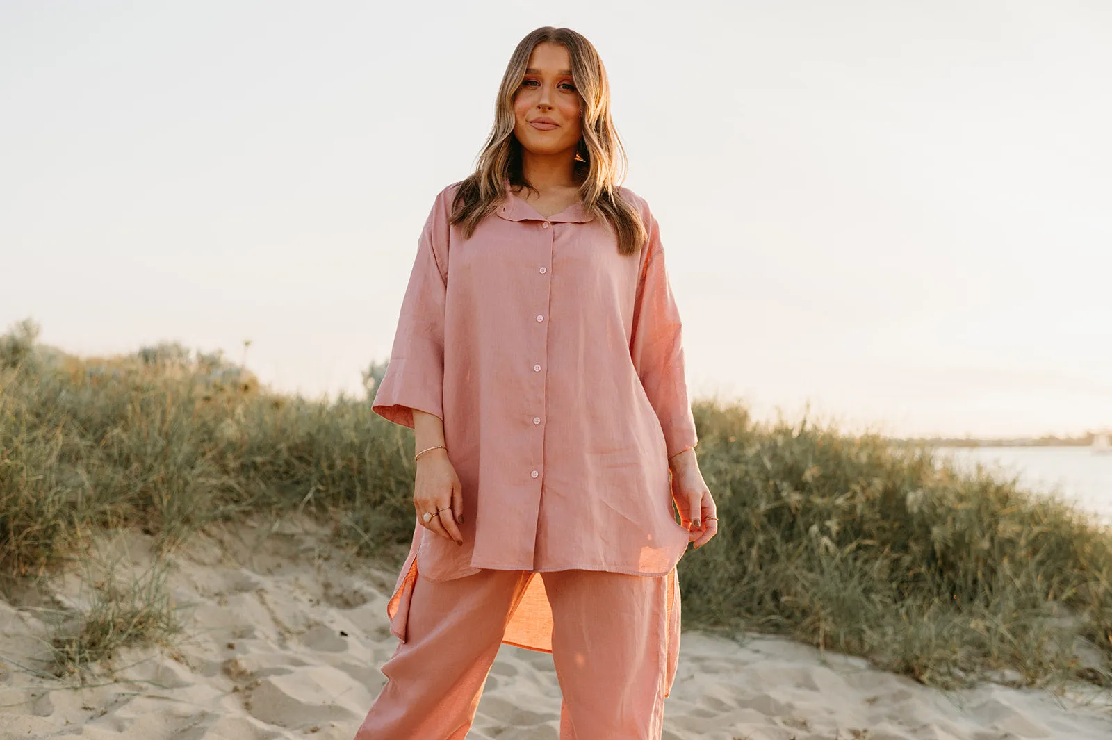 Margot Oversized Linen Shirt Dress in Old Rose