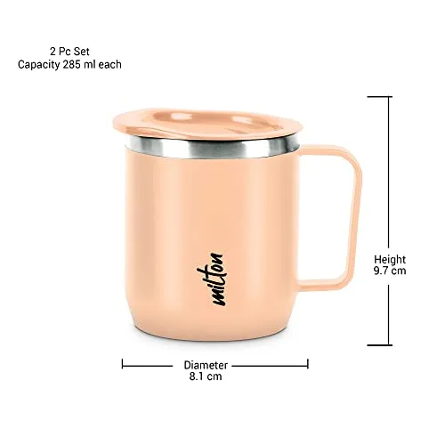 MILTON Star Gift Set, Double Walled Stainless Steel Mug with Lid, Set of 2, 285 ml Each, Peach