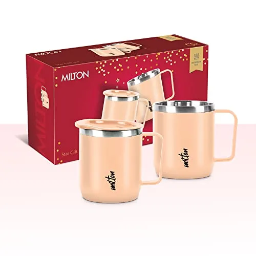 MILTON Star Gift Set, Double Walled Stainless Steel Mug with Lid, Set of 2, 285 ml Each, Peach