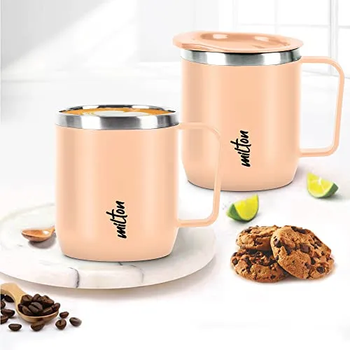 MILTON Star Gift Set, Double Walled Stainless Steel Mug with Lid, Set of 2, 285 ml Each, Peach