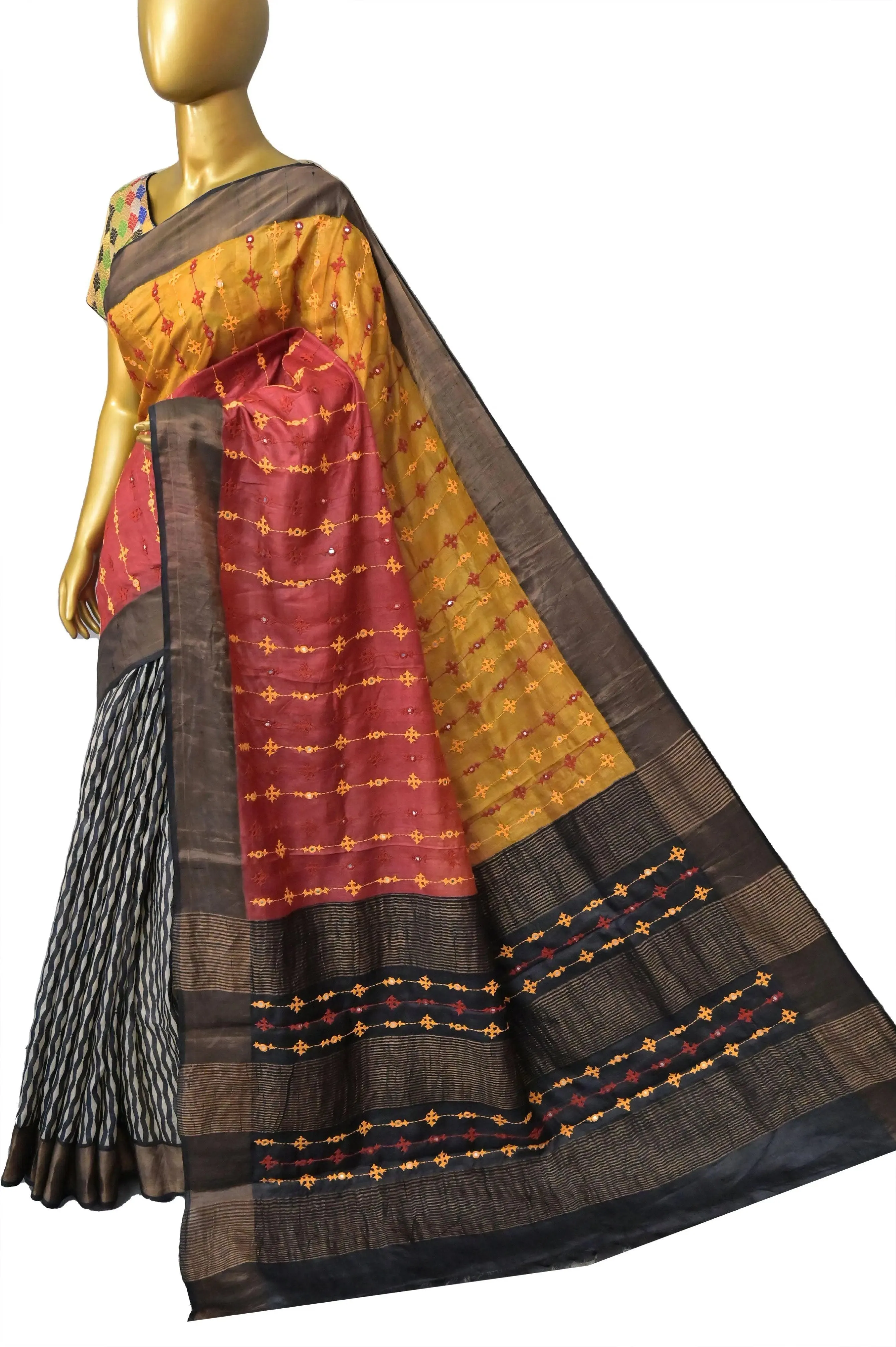 Multicolor Tussar Silk with Zari Border with Hand Block Printing and Hand Embroidery Work