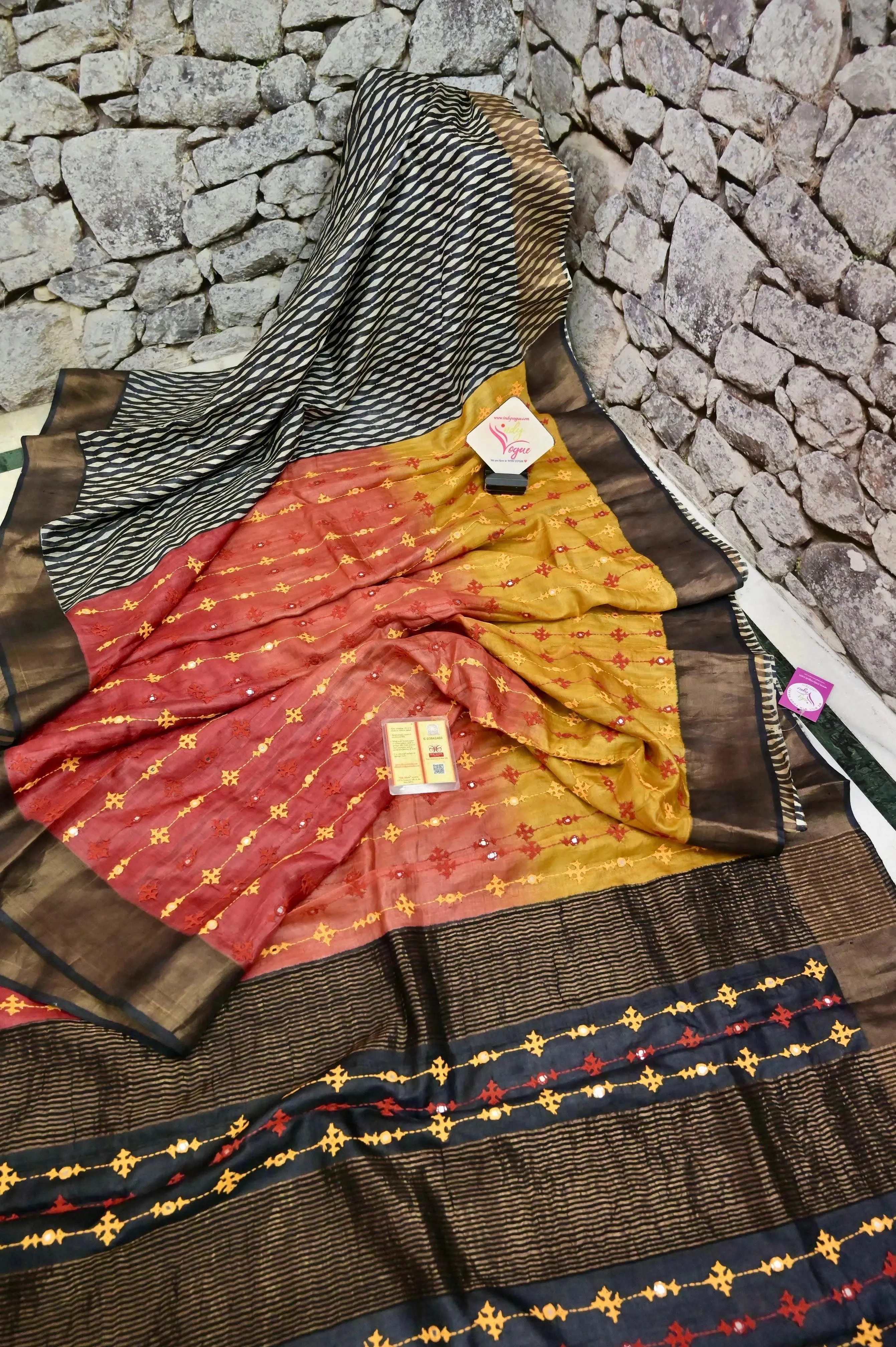 Multicolor Tussar Silk with Zari Border with Hand Block Printing and Hand Embroidery Work